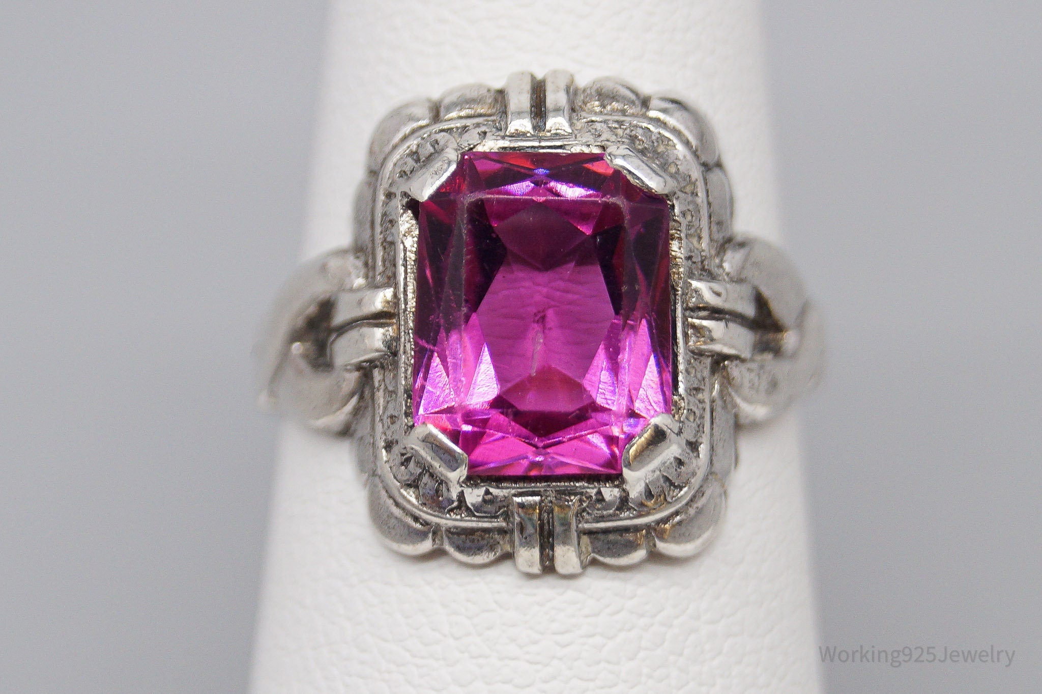 Antique Art Deco Pink Stone Sterling Silver Ring - Size 6.25