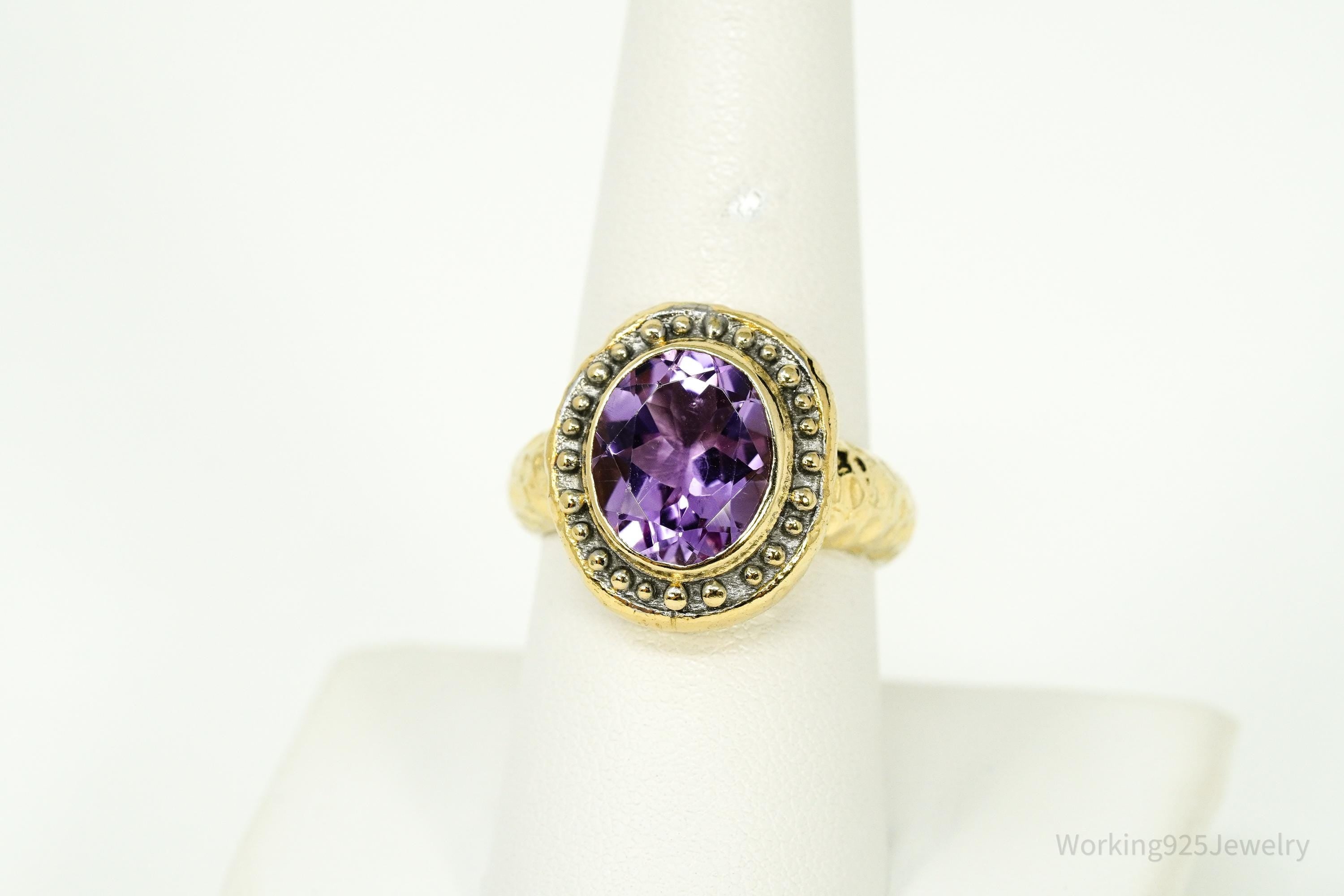 Vintage Italian Designer Amethyst Gold Vermeil Sterling Silver Ring - Size 8