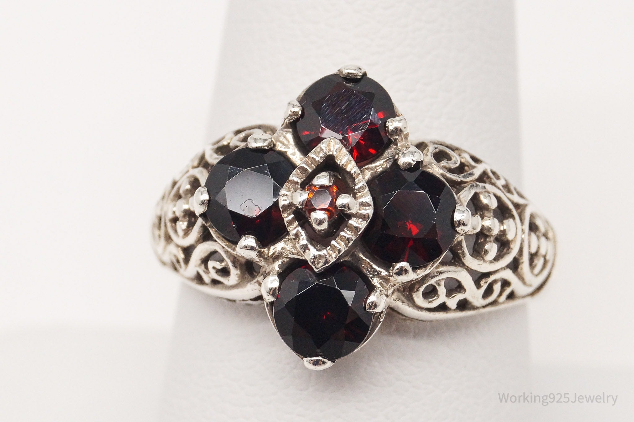 Vintage Garnet Filigree Sterling Silver Ring - Size 8.75