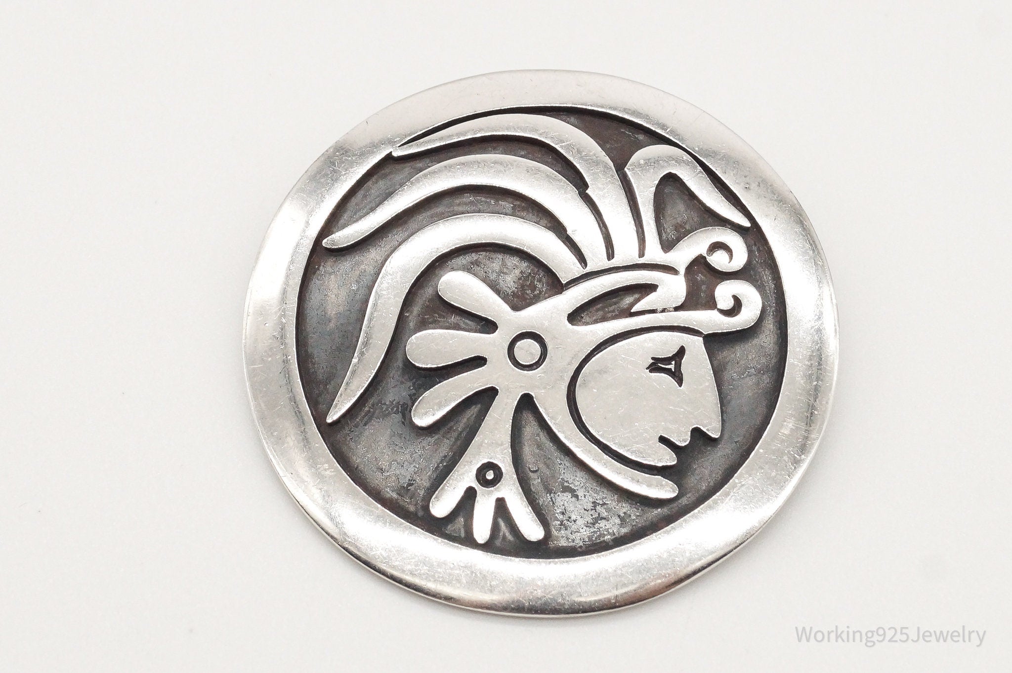 Vintage Large Mexico Mayan Aztec Warrior Sterling Silver Brooch Pin Pendant