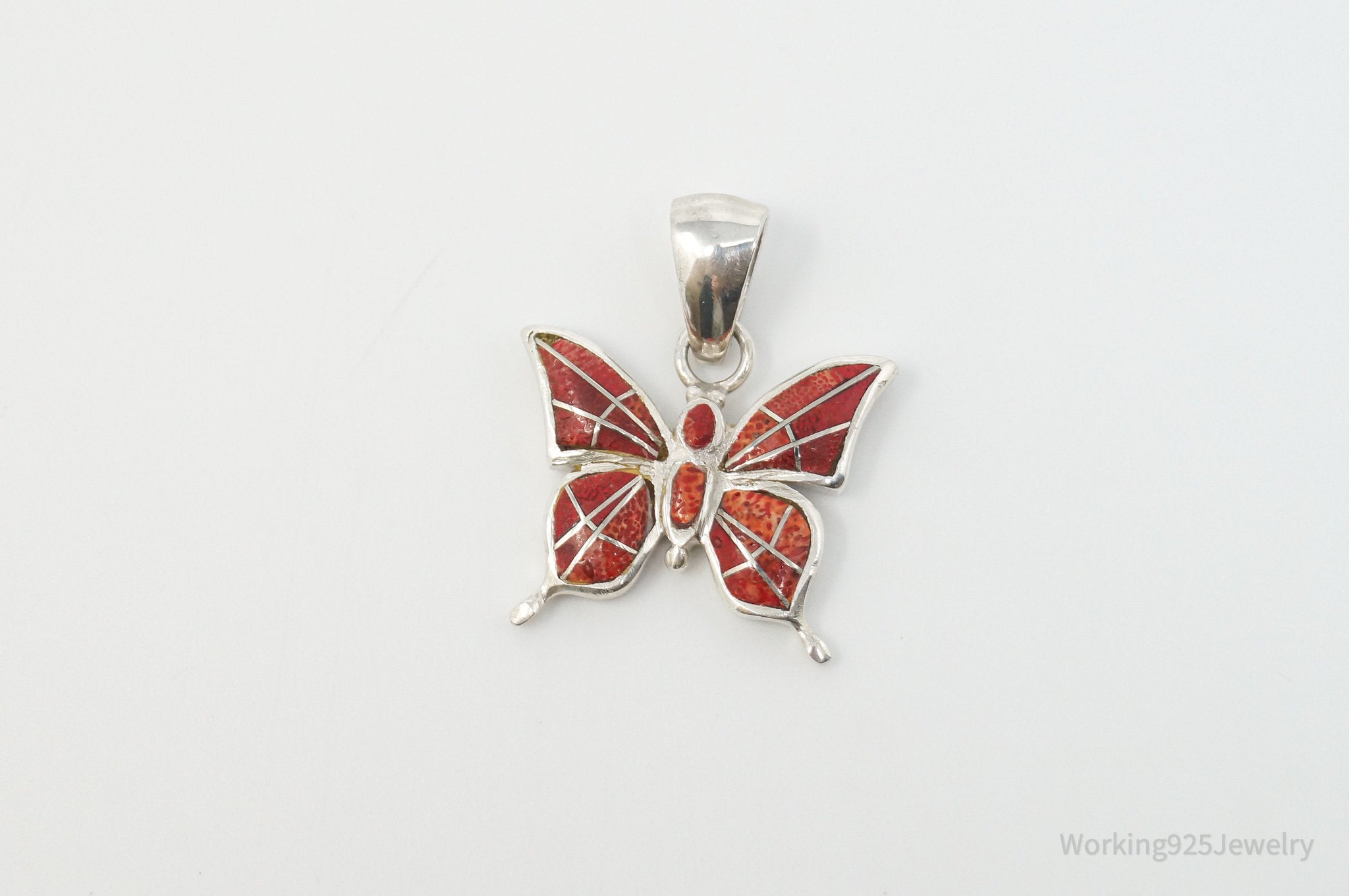 Vintage Native American Unsigned Handmade Coral Butterly Sterling Silver Pendant