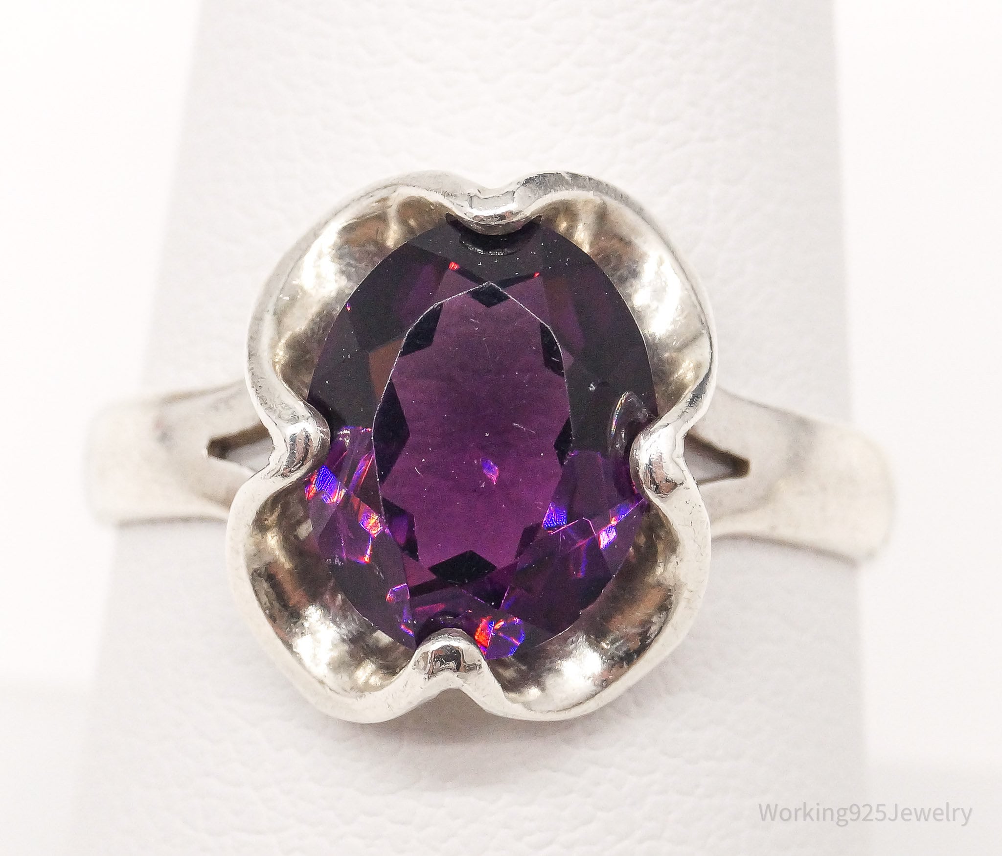 Vintage Mexico Sleek Purple Glass Stone Sterling Silver Ring - Size 8.25