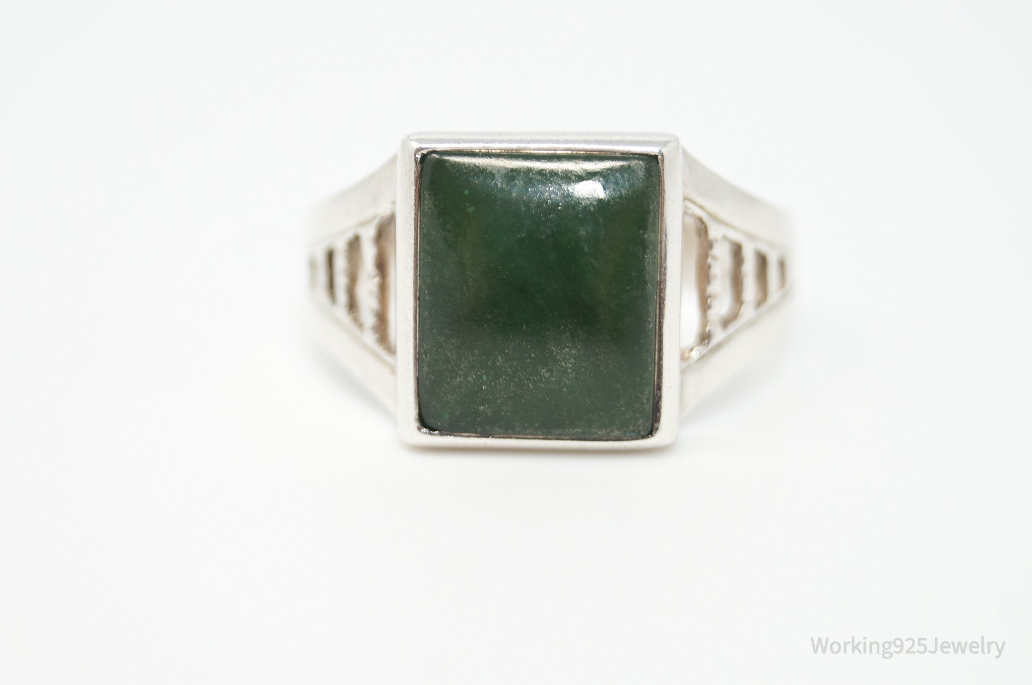 Vtg Designer SOLAR Green Onyx Southwestern Sterling Silver Ring - Sz 11.25