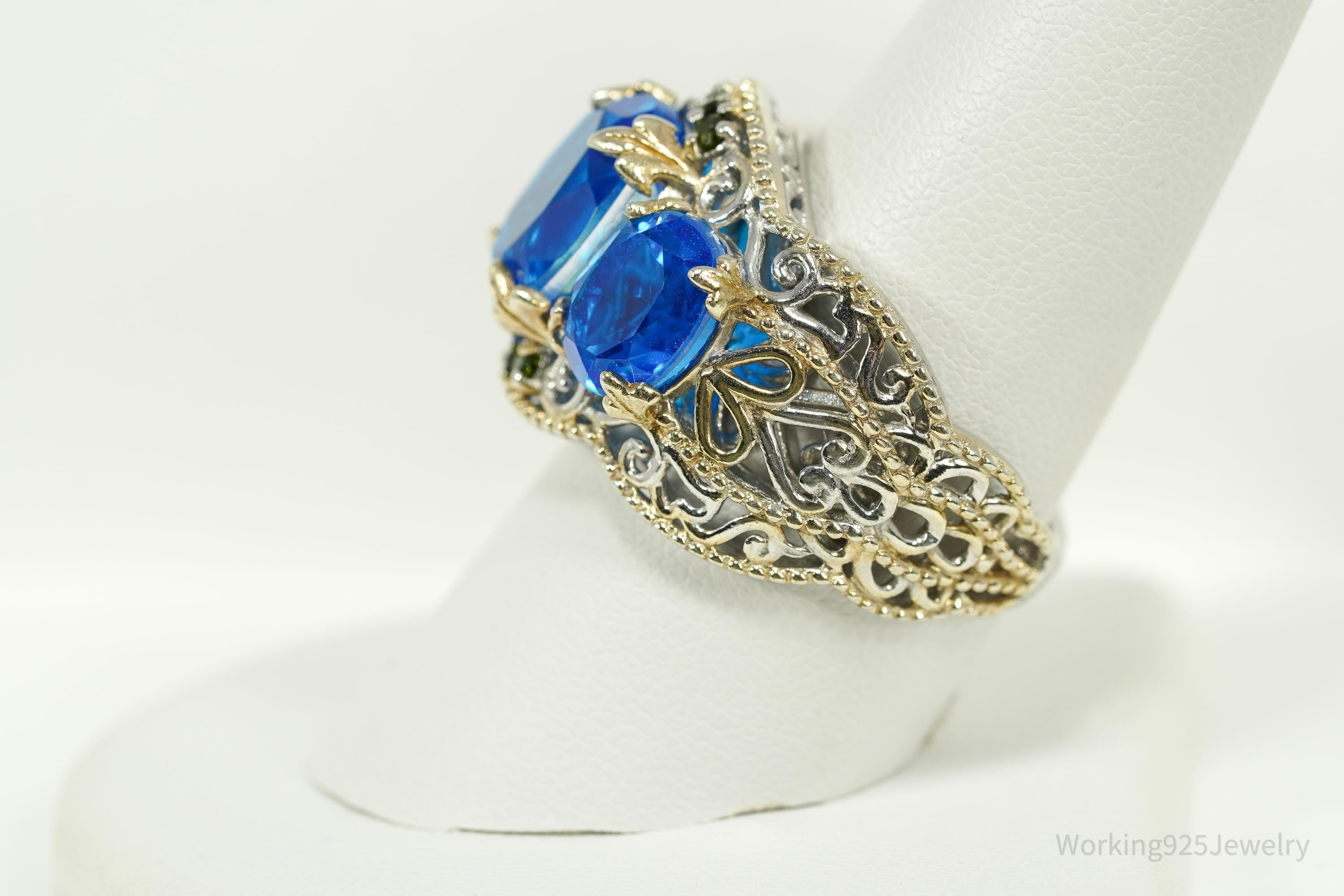 Vintage Chuck Clemency Blue Topaz & Peridot Gold Vermeil Sterling Silver Ring - Size 9.25