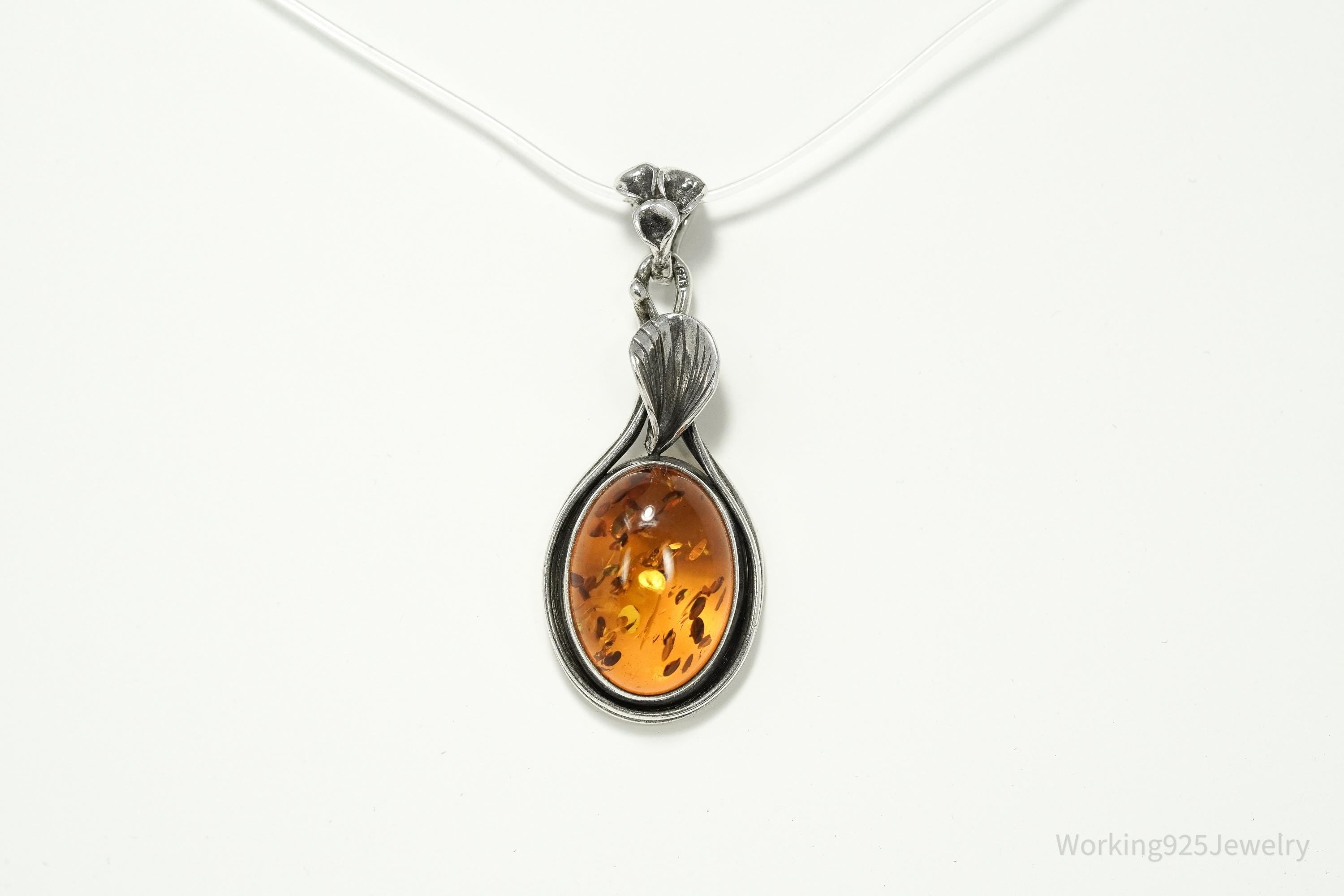 Vintage Sterling Silver Amber Pendant • Oval Cognac Baltic Gemstone Jewelry