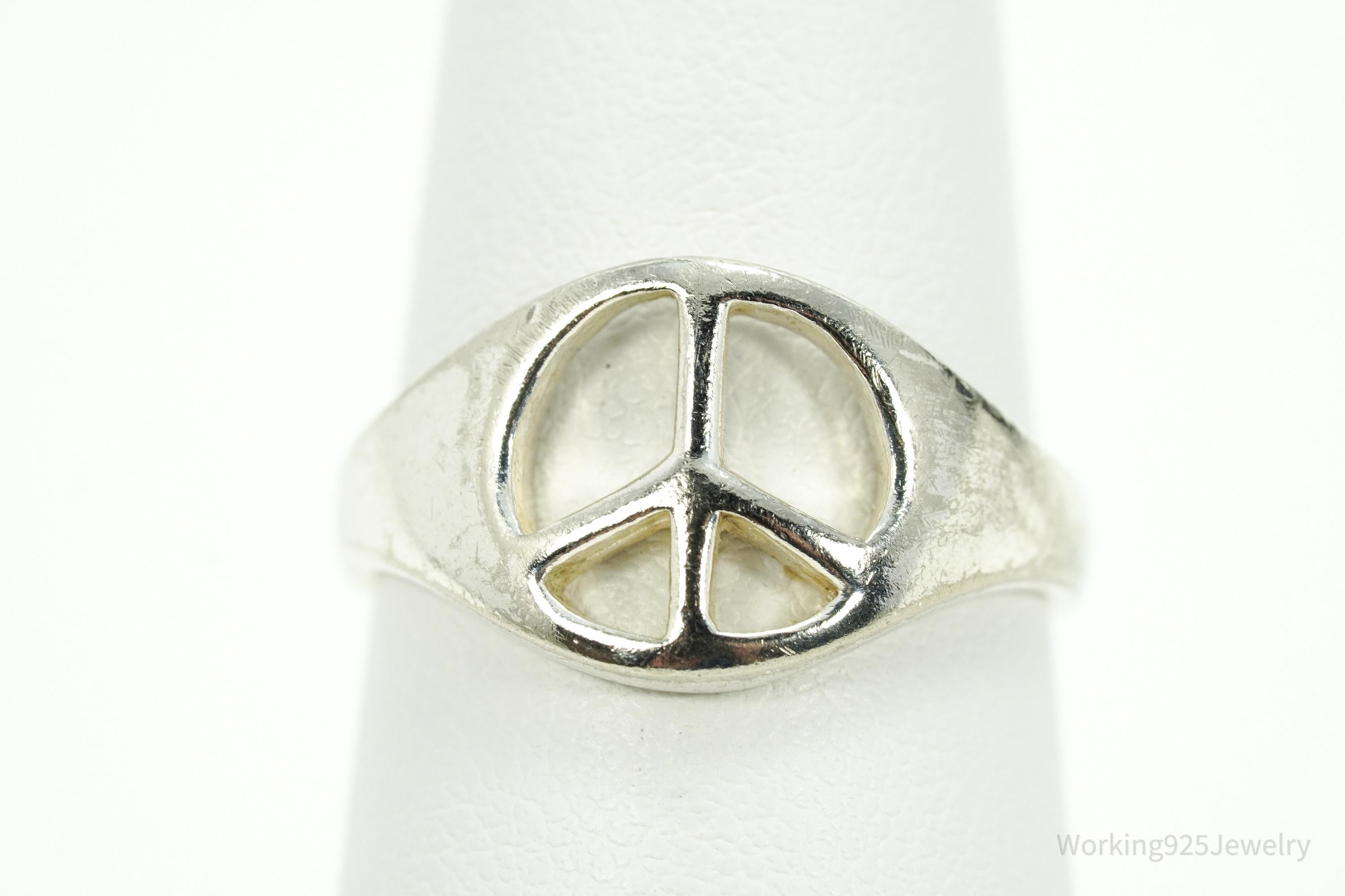 Vintage Peace Sign Sterling Silver Rhodium Plated Ring - Size 7