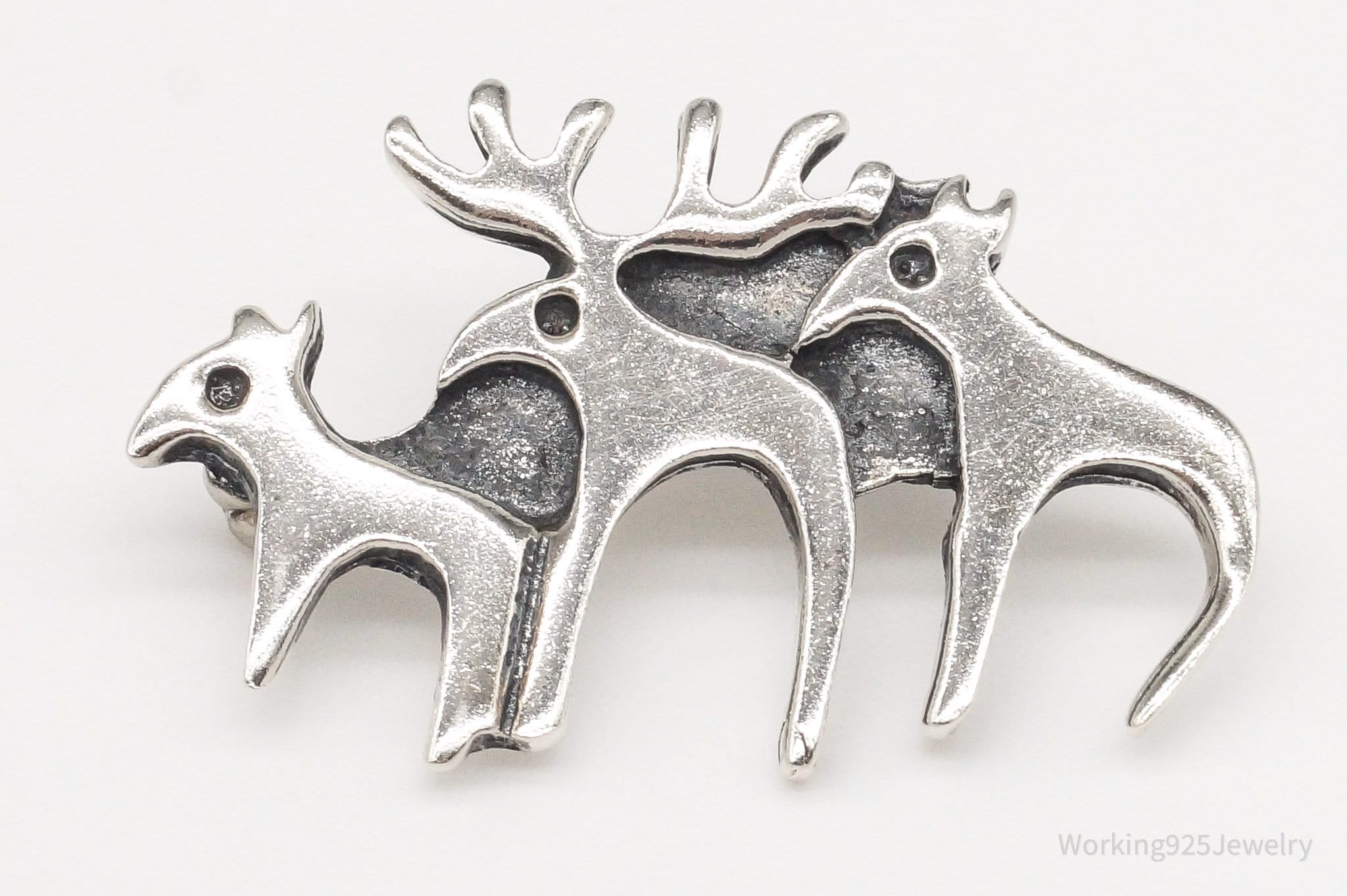 Vintage Moose Family Sterling Silver Brooch Pin