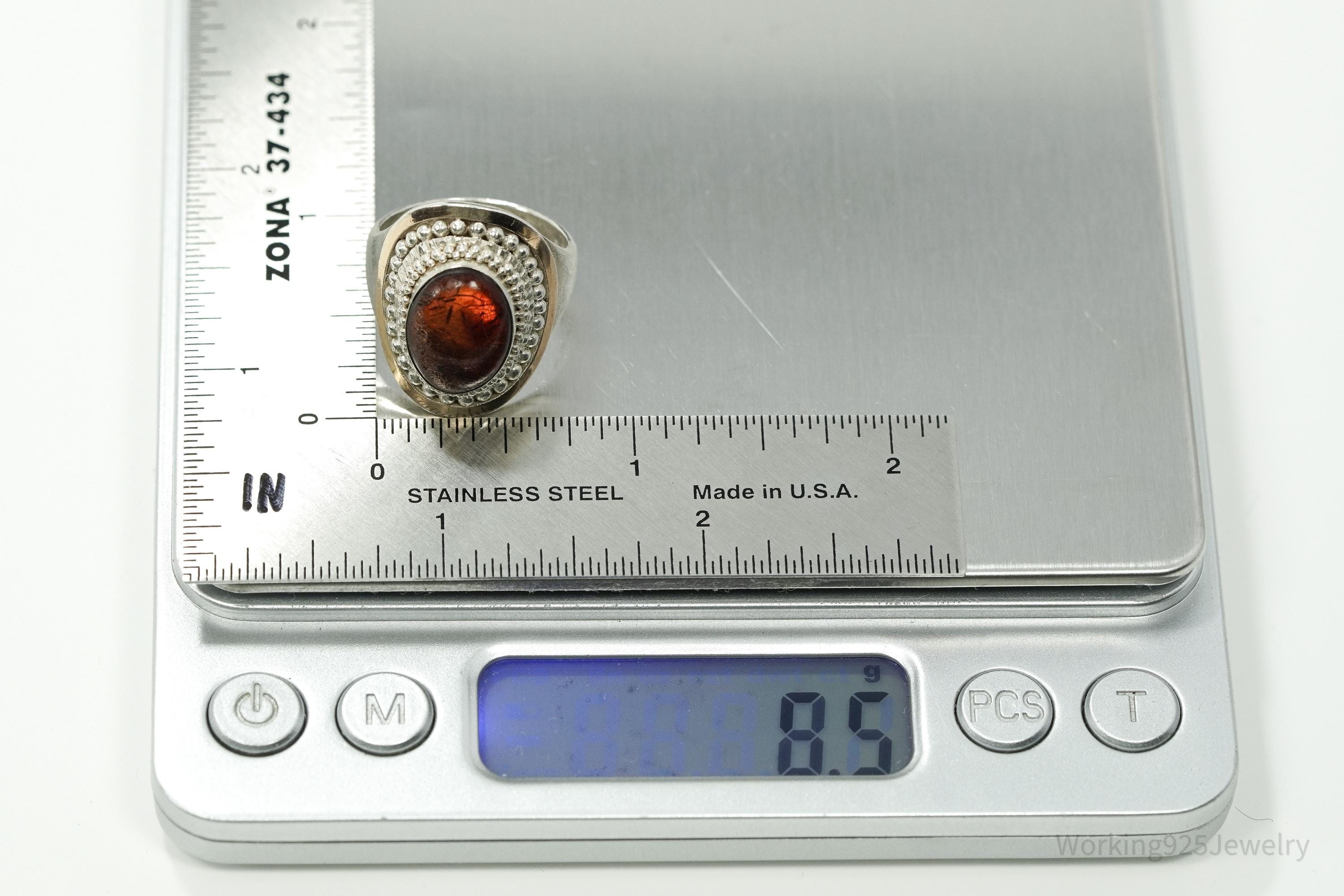 Vintage Amber Sterling Silver Gold Vermeil Ring - Size 8.25