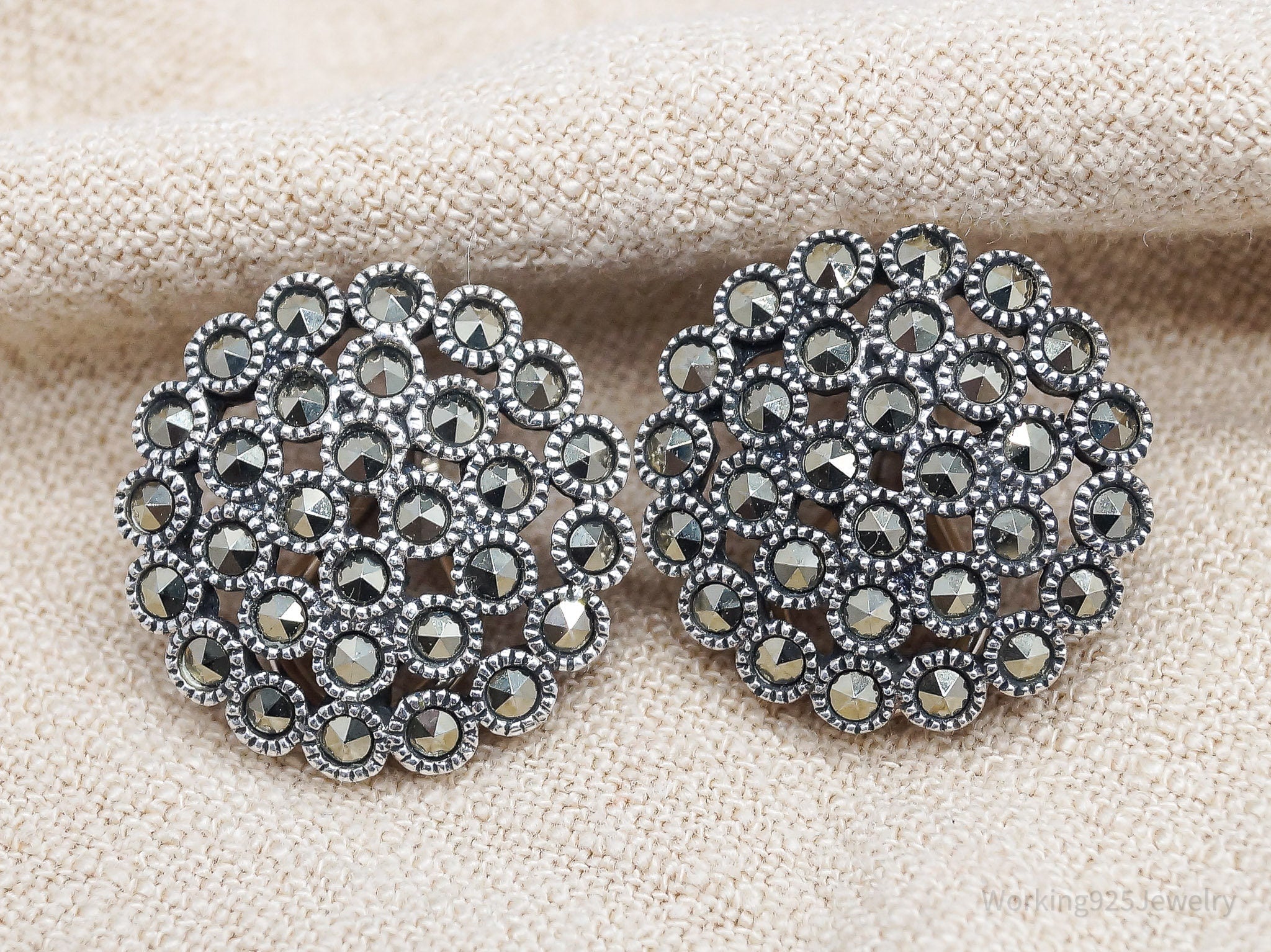 Vintage Judith Jack Marcasite Sterling Silver Clip On Earrings