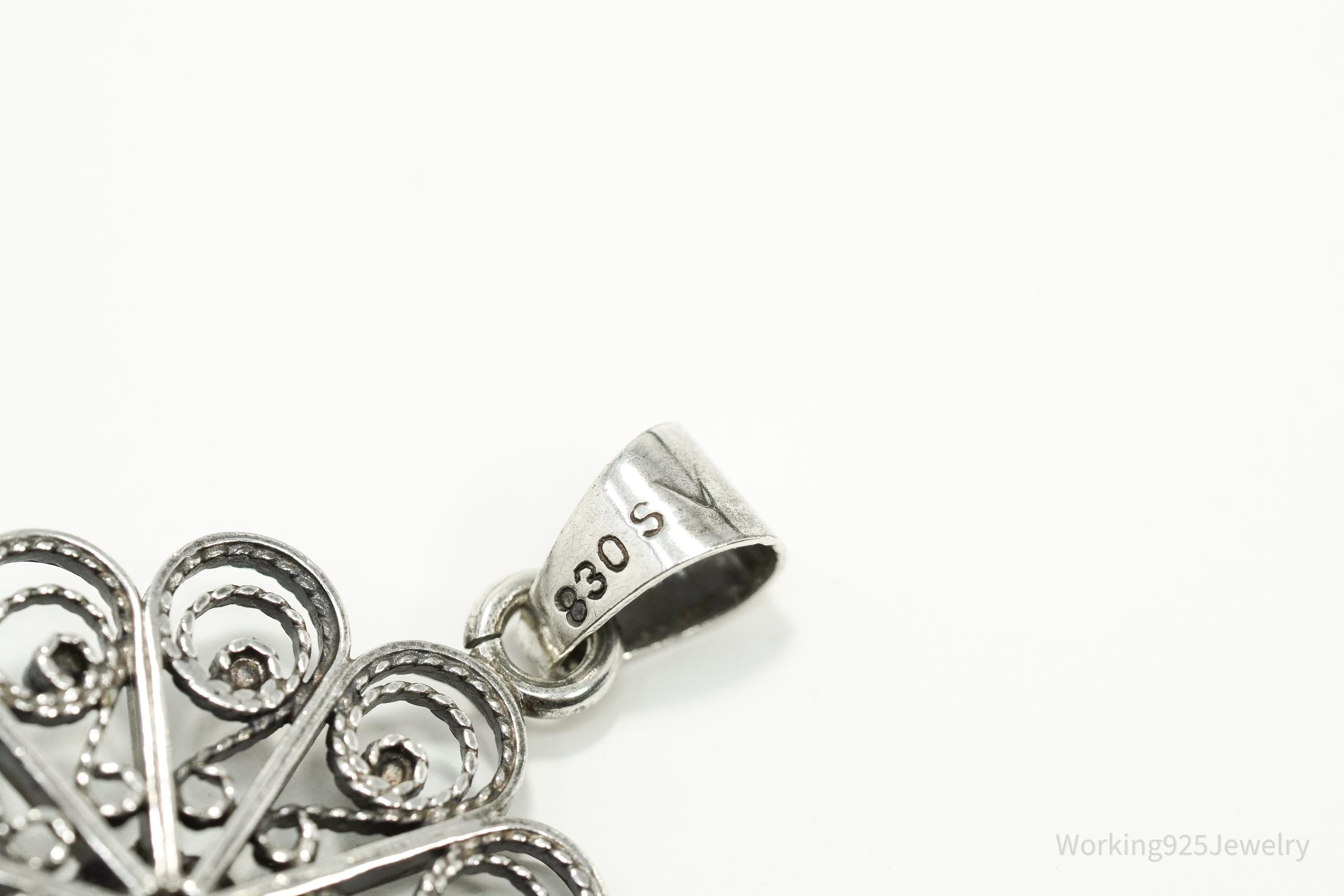 Vintage Ornate Norwegian Modernist Flower 830S Silver Pendant 1.25"