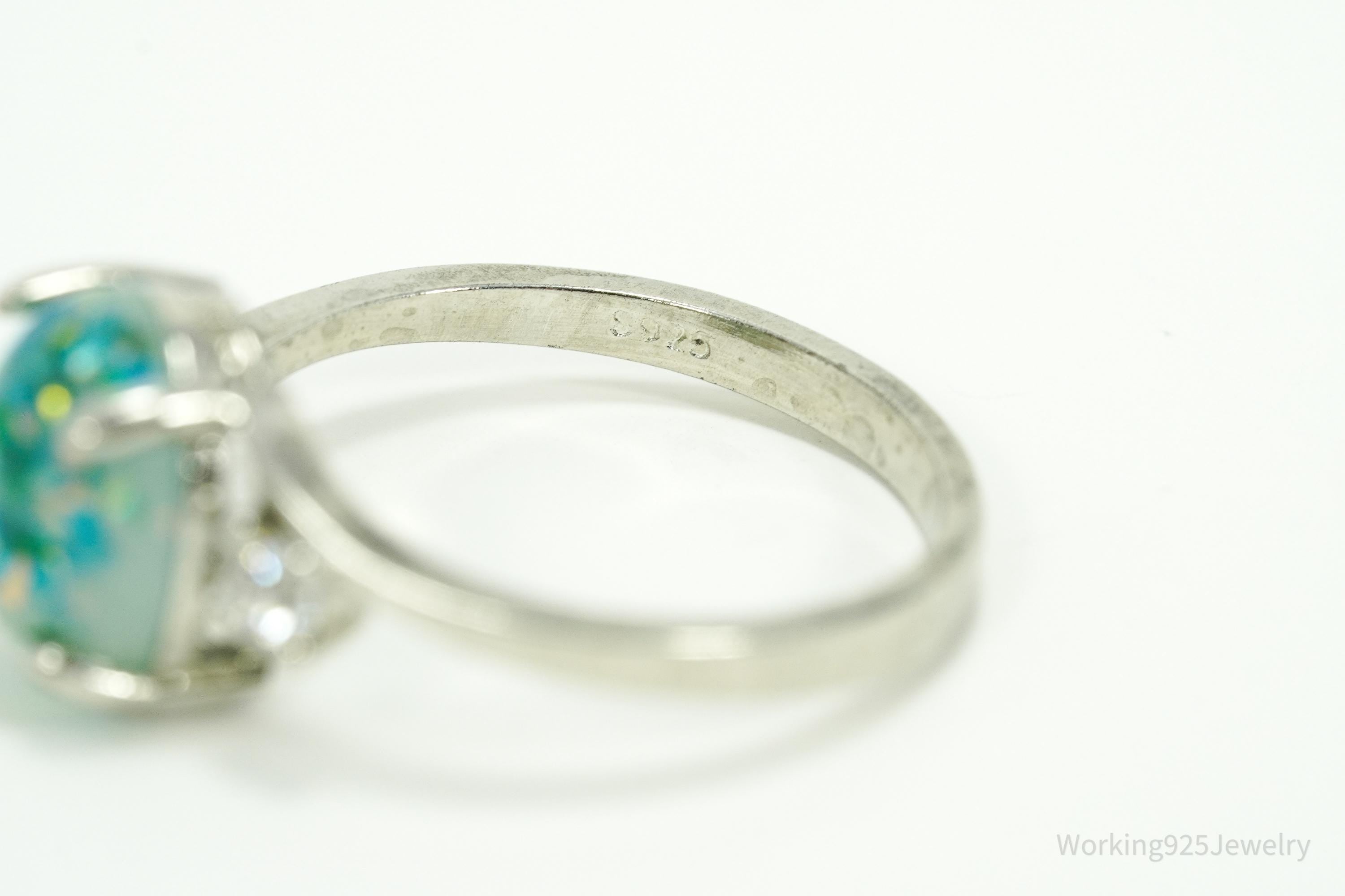 Vintage Faux Opal & Faux Diamonds Sterling Silver Plated Ring - Size 7