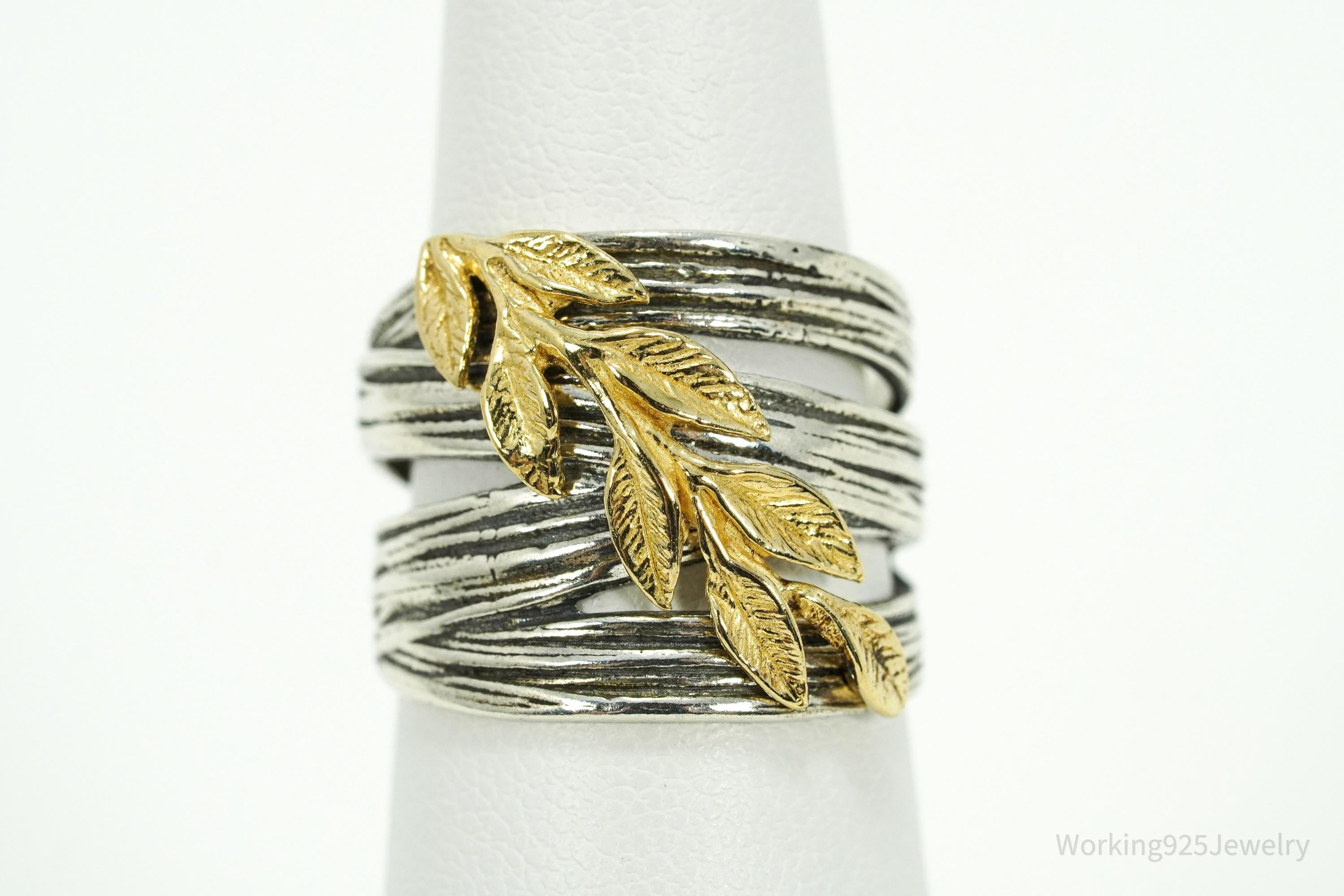 Vintage Israel Designer Paz Gold Vermeil Leaves Sterling Silver Ring Size 6.75