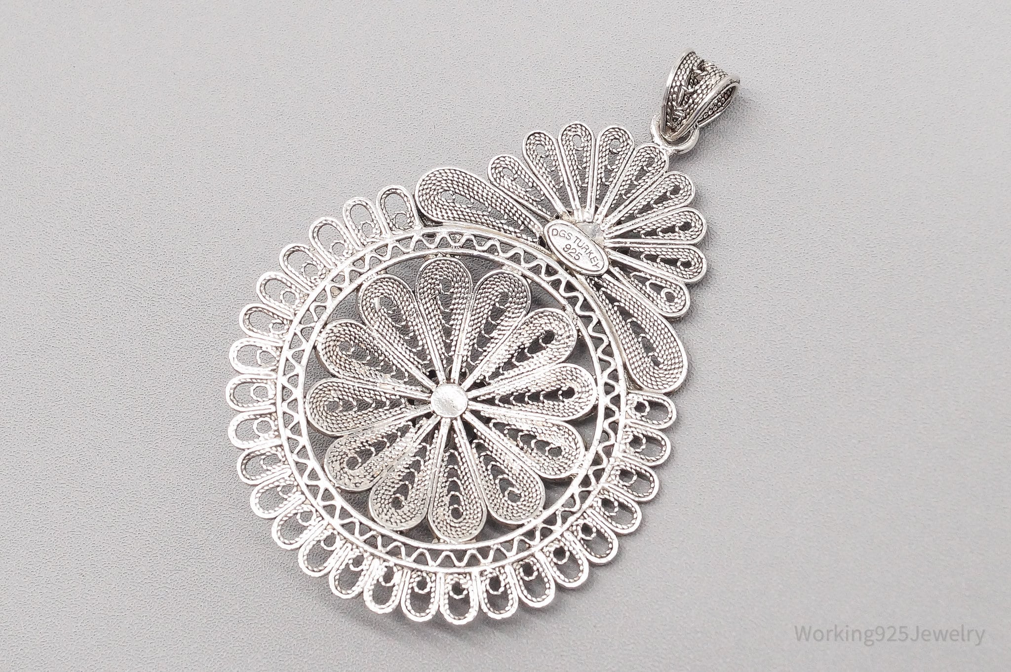 Vintage Large Turkish Filigree Ornate Sterling Silver Pendant