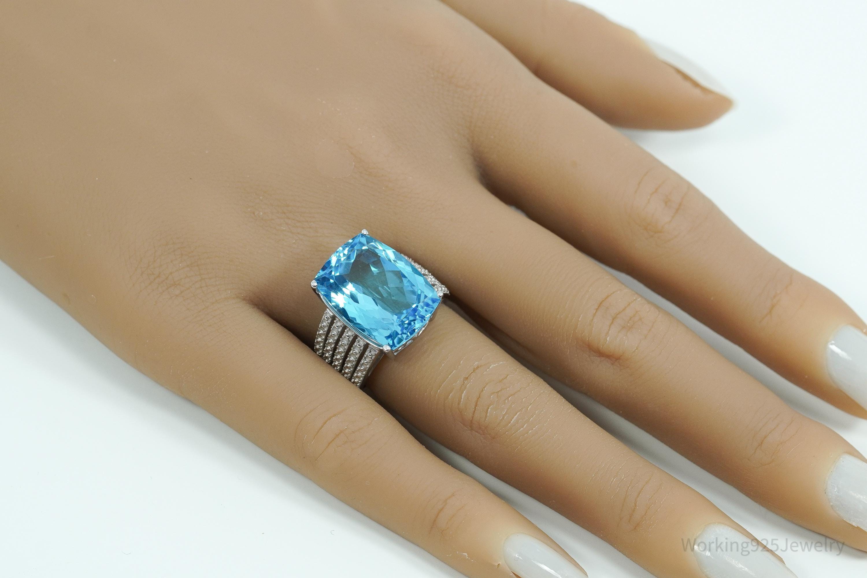 Vintage Large Blue Topaz Sterling Silver Ring - Size 7