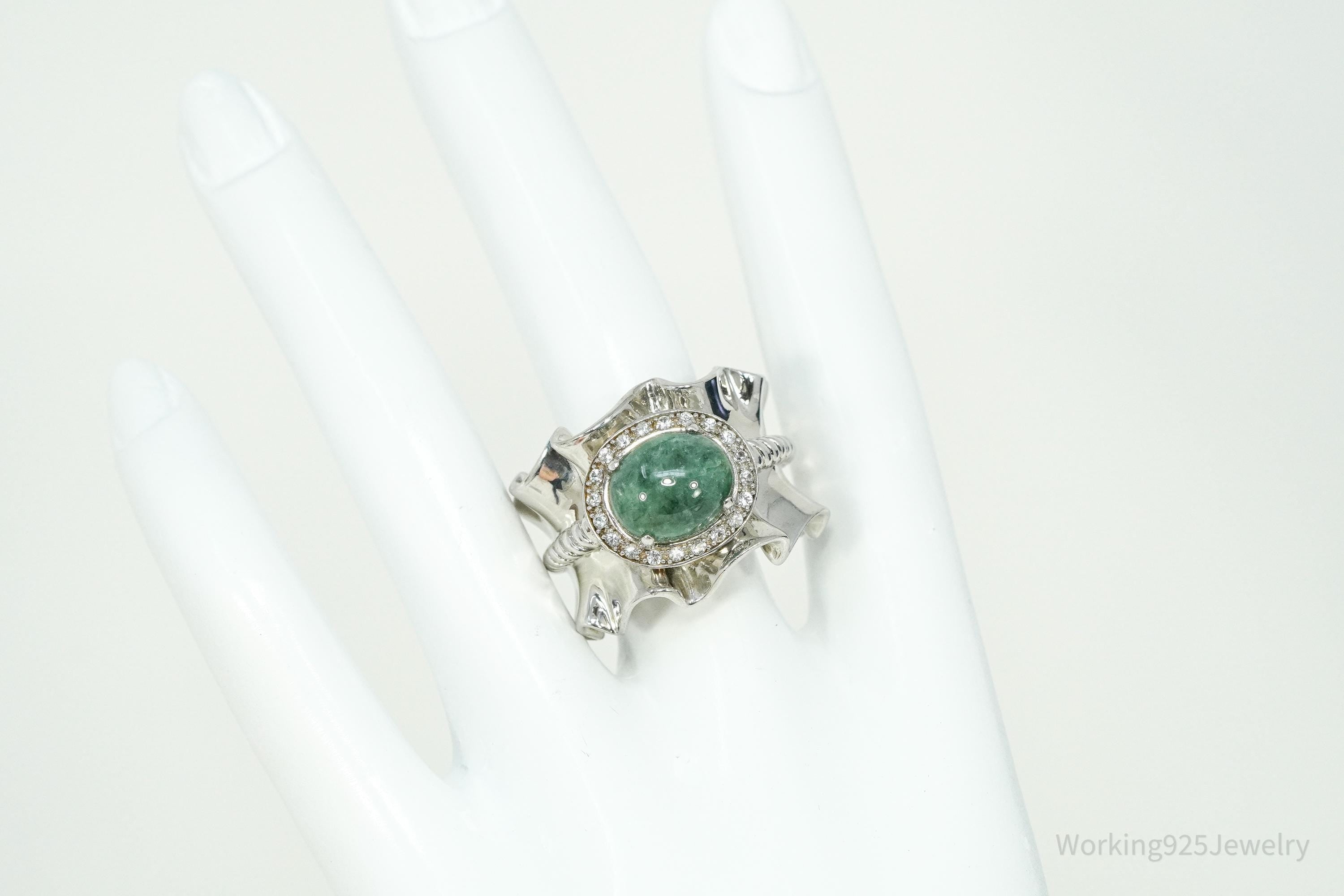 Michelle Albala Green Jadeite & White Topaz Sterling Silver Ring - Size 11.25