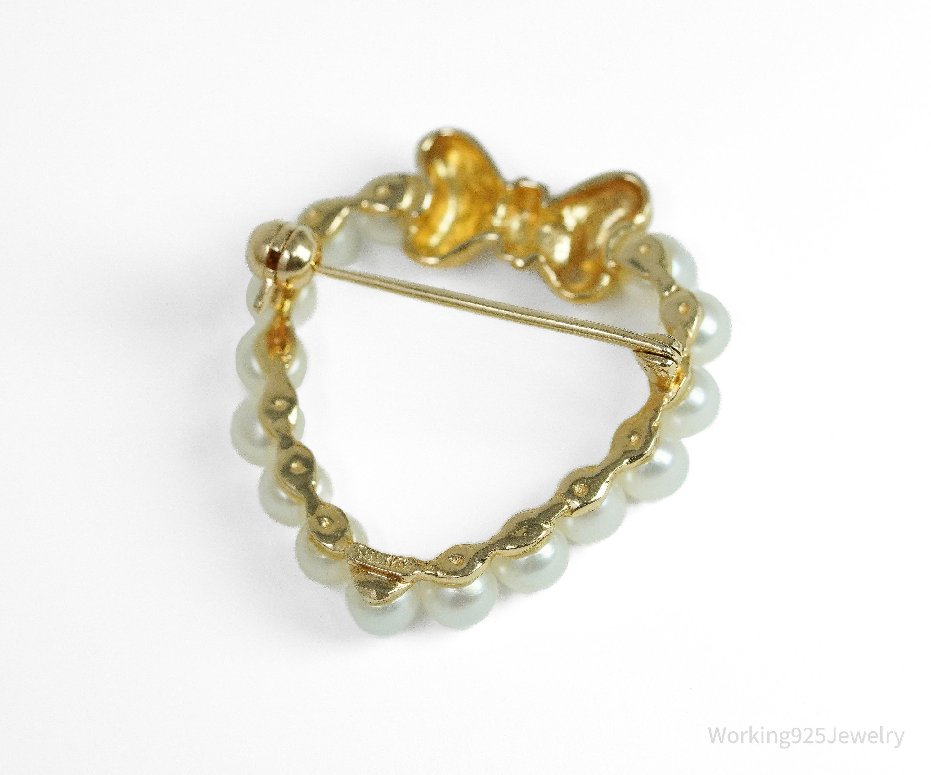 14K Yellow Gold & Saltwater Pearl Heart Brooch Pin