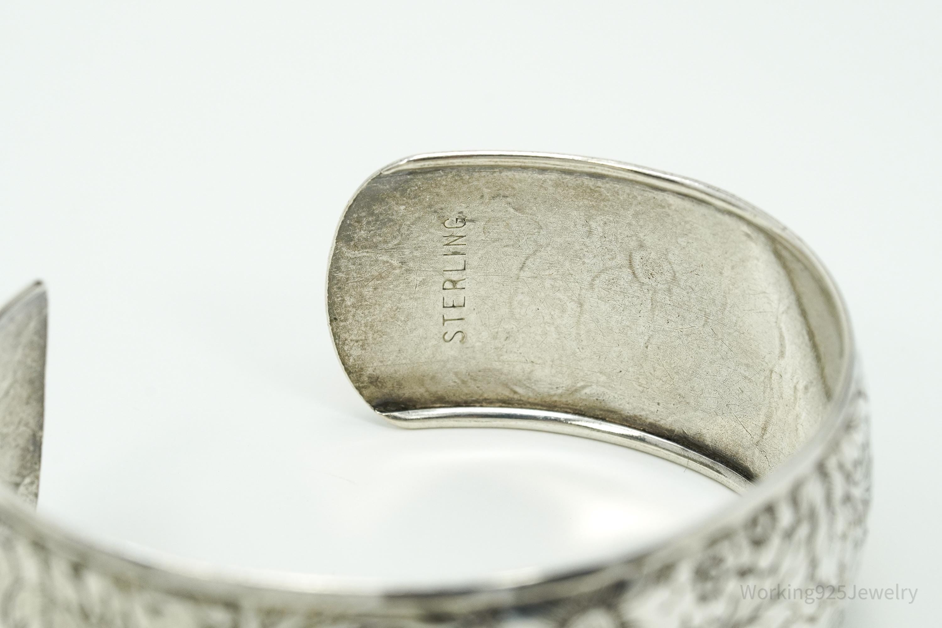 Antique Art Nouveau Floral Pattern Sterling Silver Cuff Bracelet - 7.5"