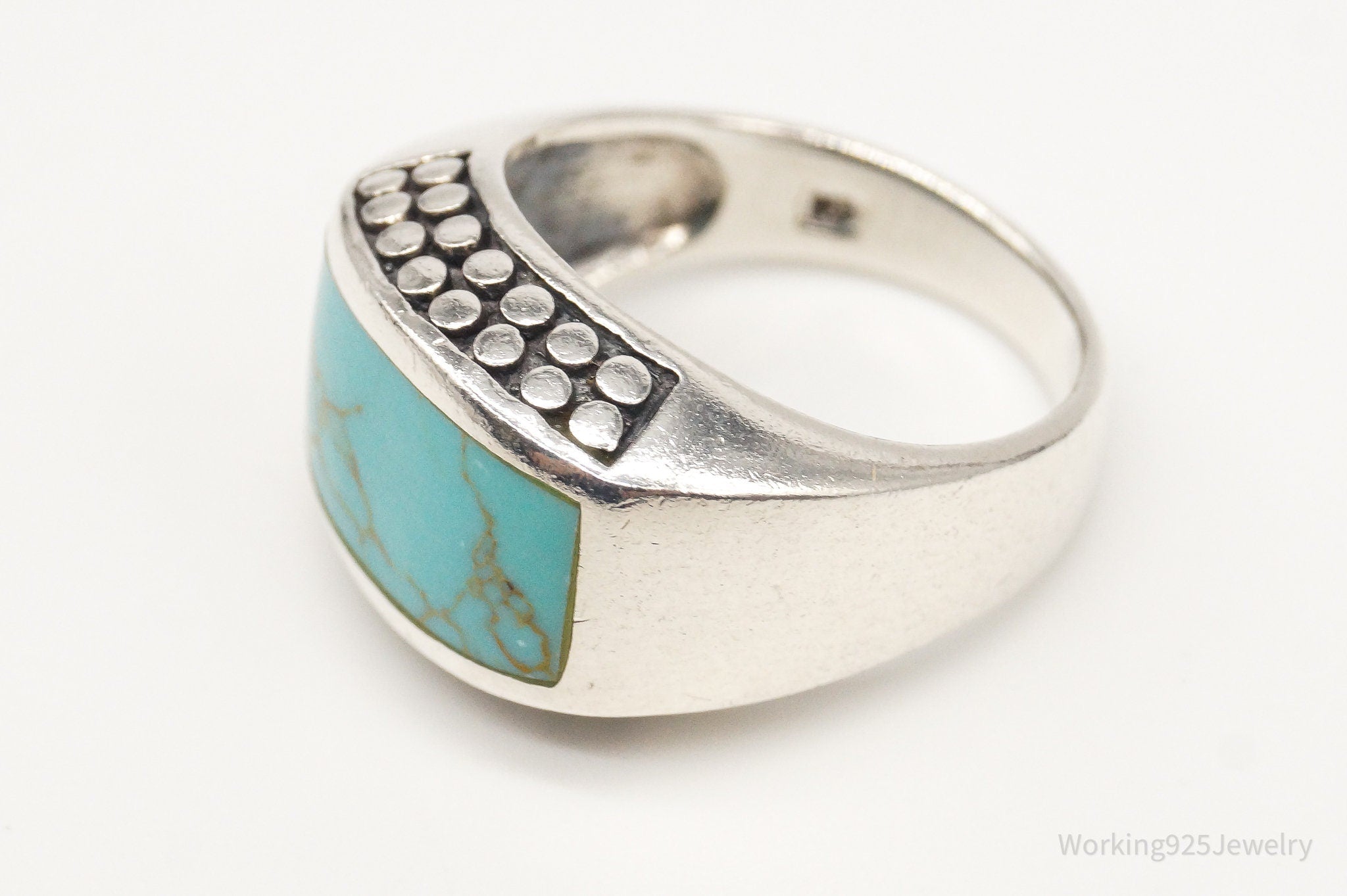 Vintage Large Turquoise Bali Inspired Sterling Silver Ring - Size 5.75