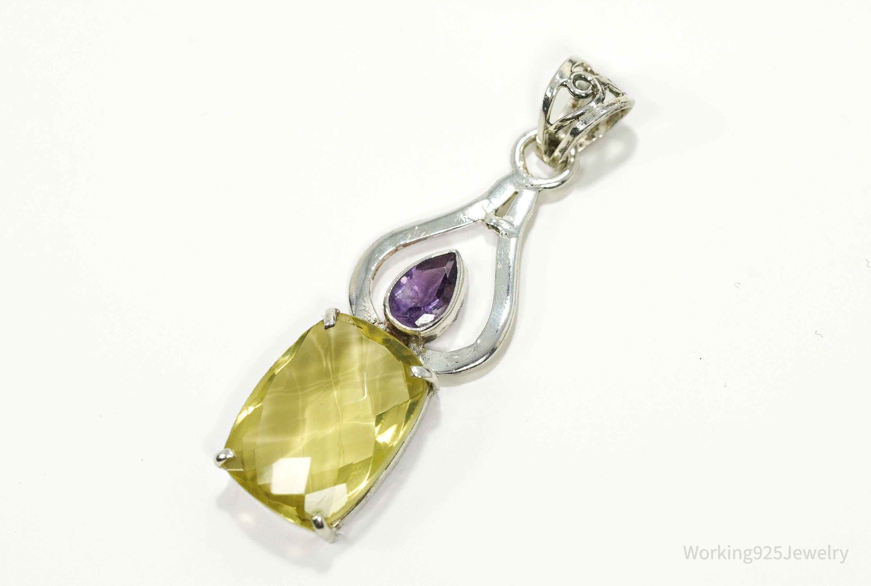 Vintage Lemon Quartz & Amethyst Sterling Silver Pendant