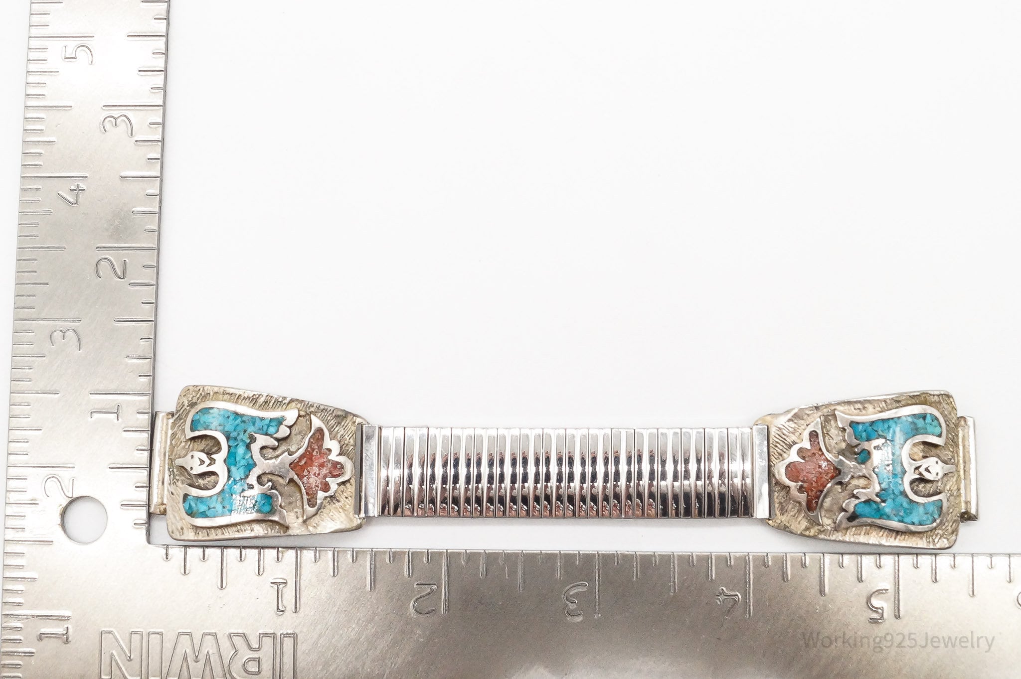 VTG Native American Turquoise Coral Speidel Stainless Steel Silver Watch Band