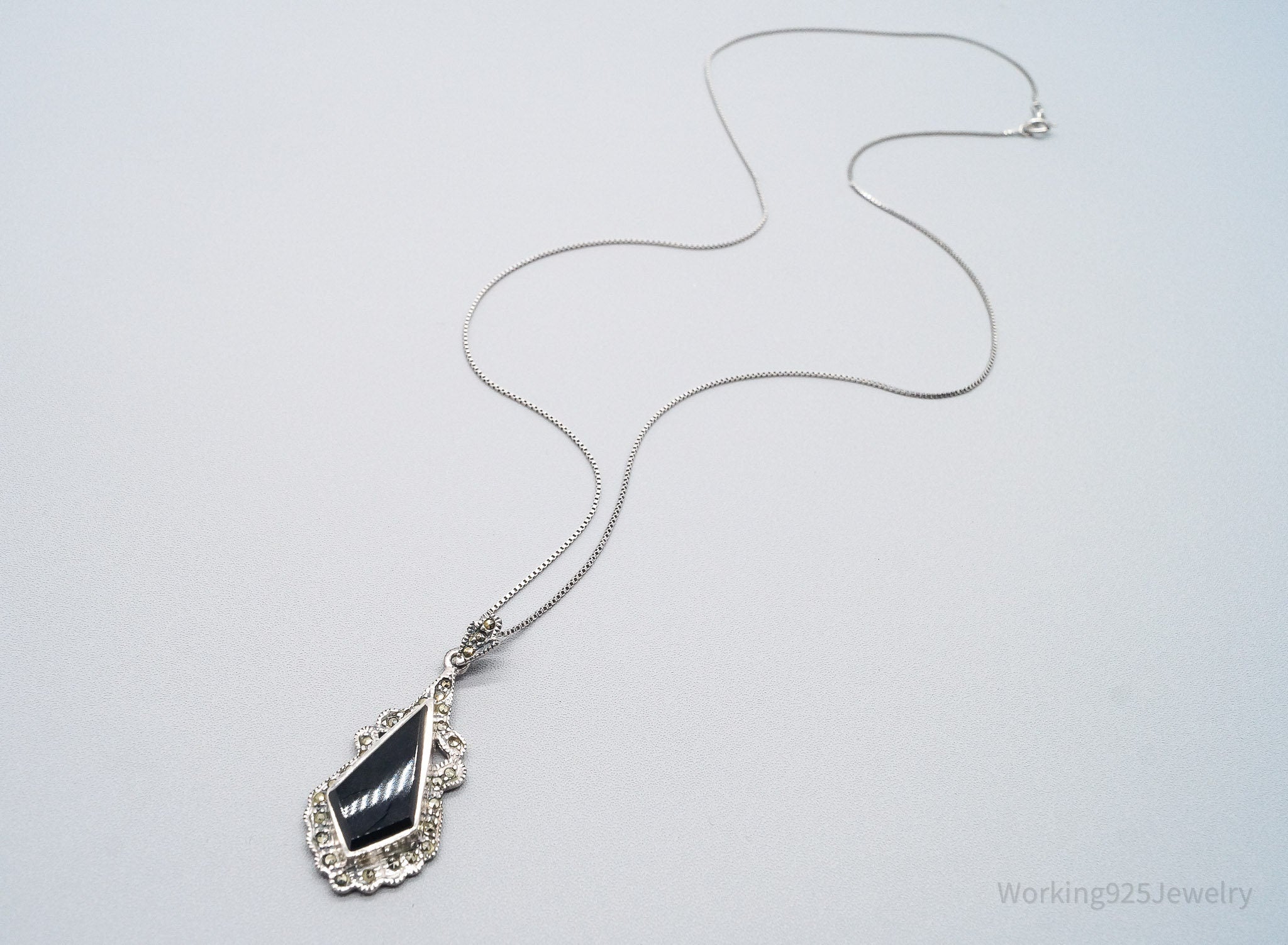Vintage Black Onyx Marcasite Art Deco Sterling Silver Necklace 20"