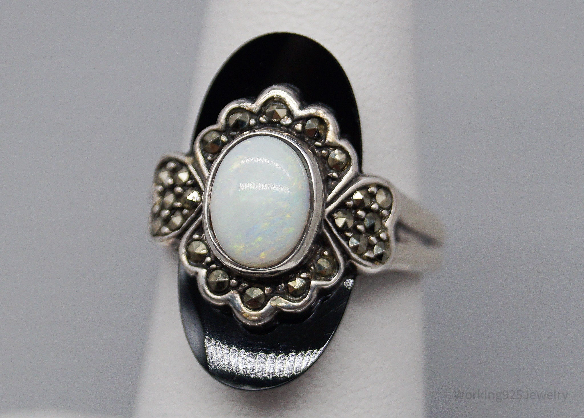 VTG Chapal-Zenray Opal Black Onyx Marcasite Sterling Silver Ring Size 6