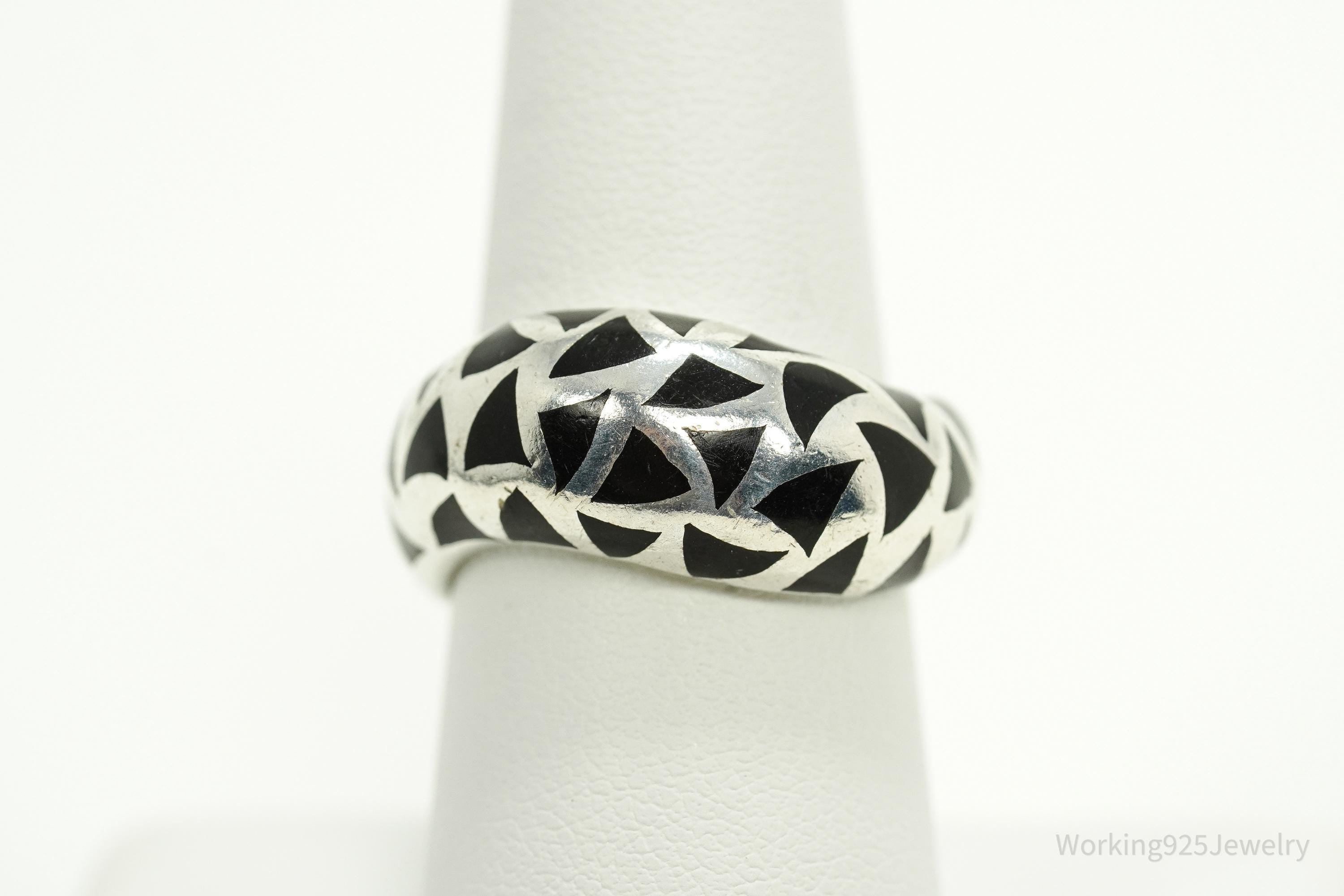 Vintage Black Enamel Shapes Design Sterling Silver Ring - Size 8