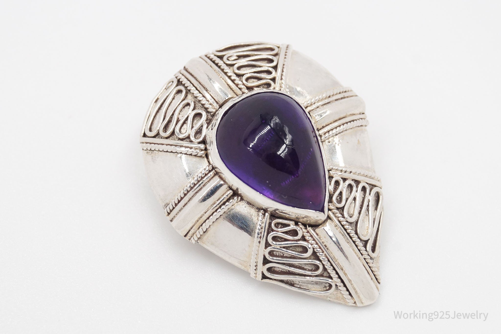 Vintage Amethyst Bali Style Sterling Silver Brooch Pin Pendant