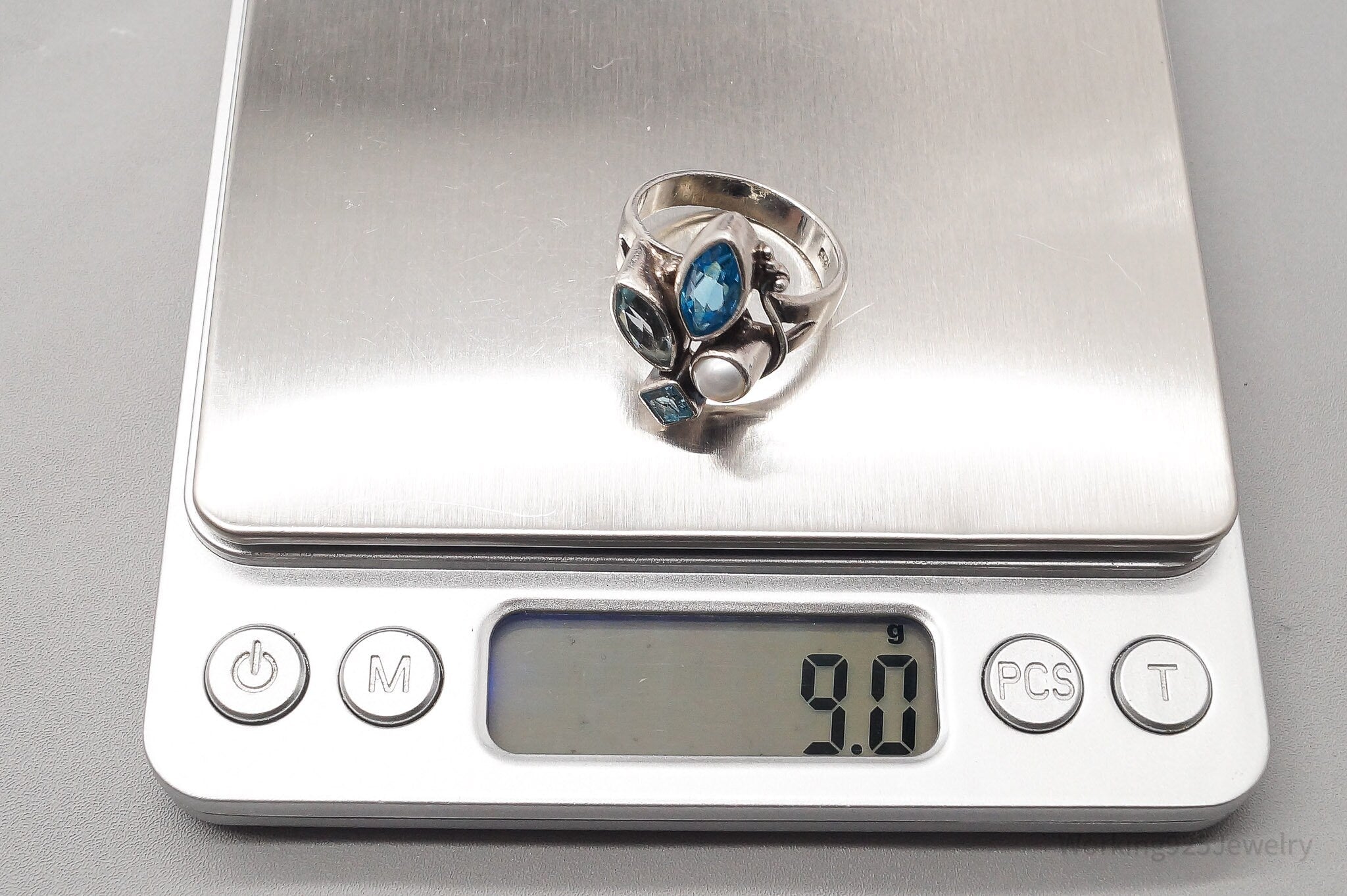 Vintage White Pearl & Blue Topaz Sterling Silver Ring - Size 10