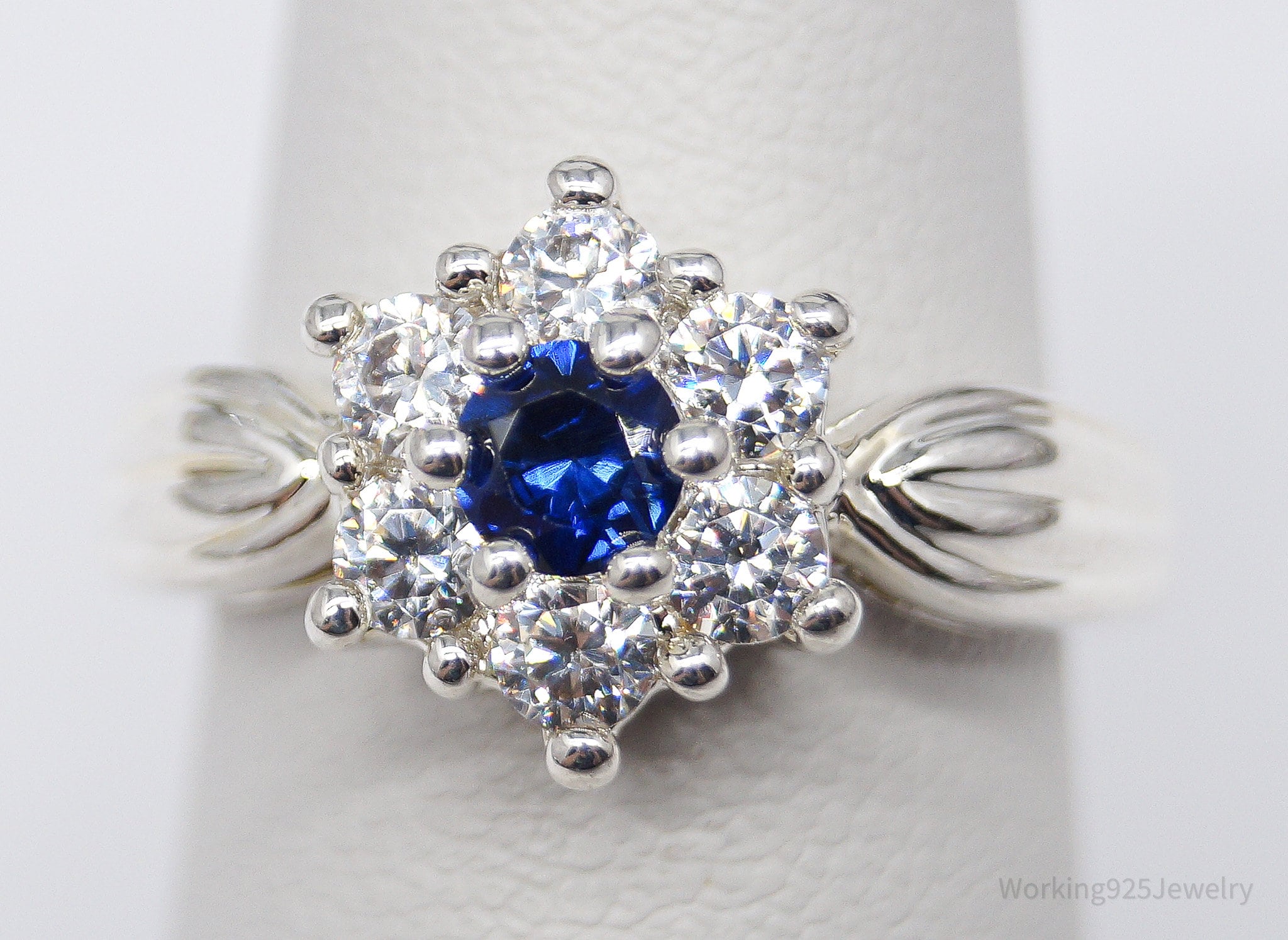 Sapphire & Cubic Zirconia Rhodium Plated Sterling Silver Ring - Size 6