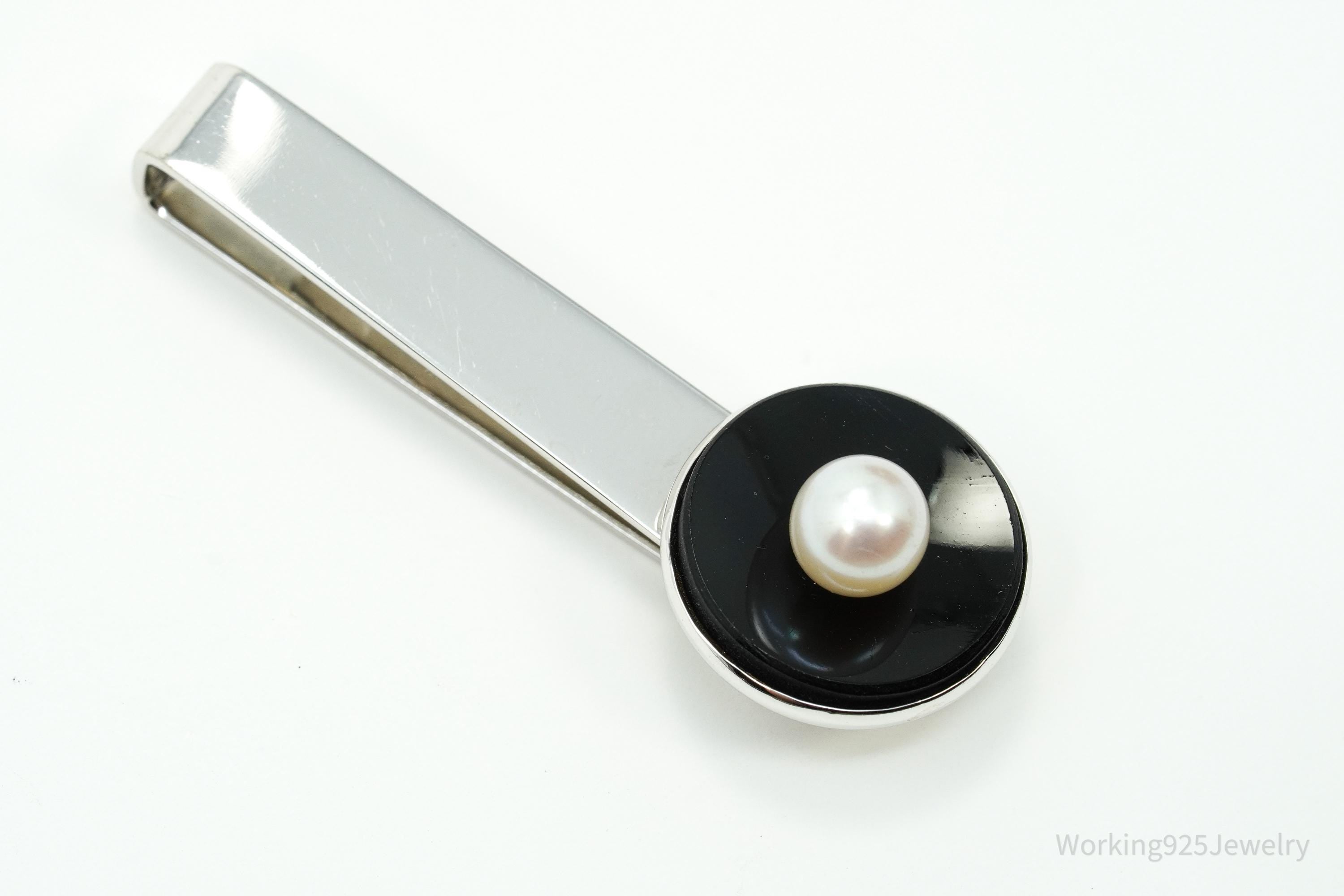 Vintage Designer CARIBE Pearl & Onxy Sterling Silver Tie Bar Clip