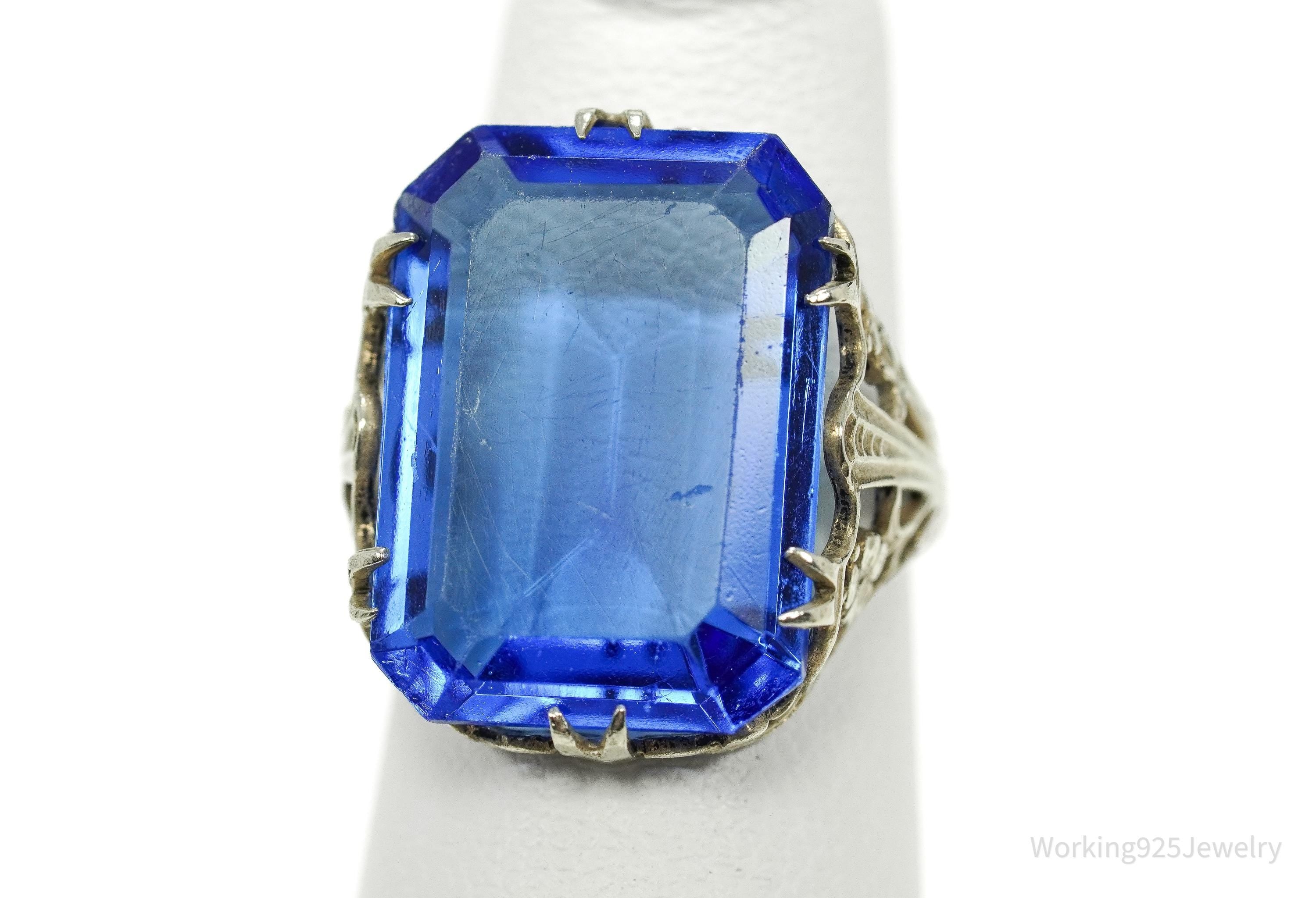 Antique Blue Art Glass Sterling Silver Ring - Size 5.25