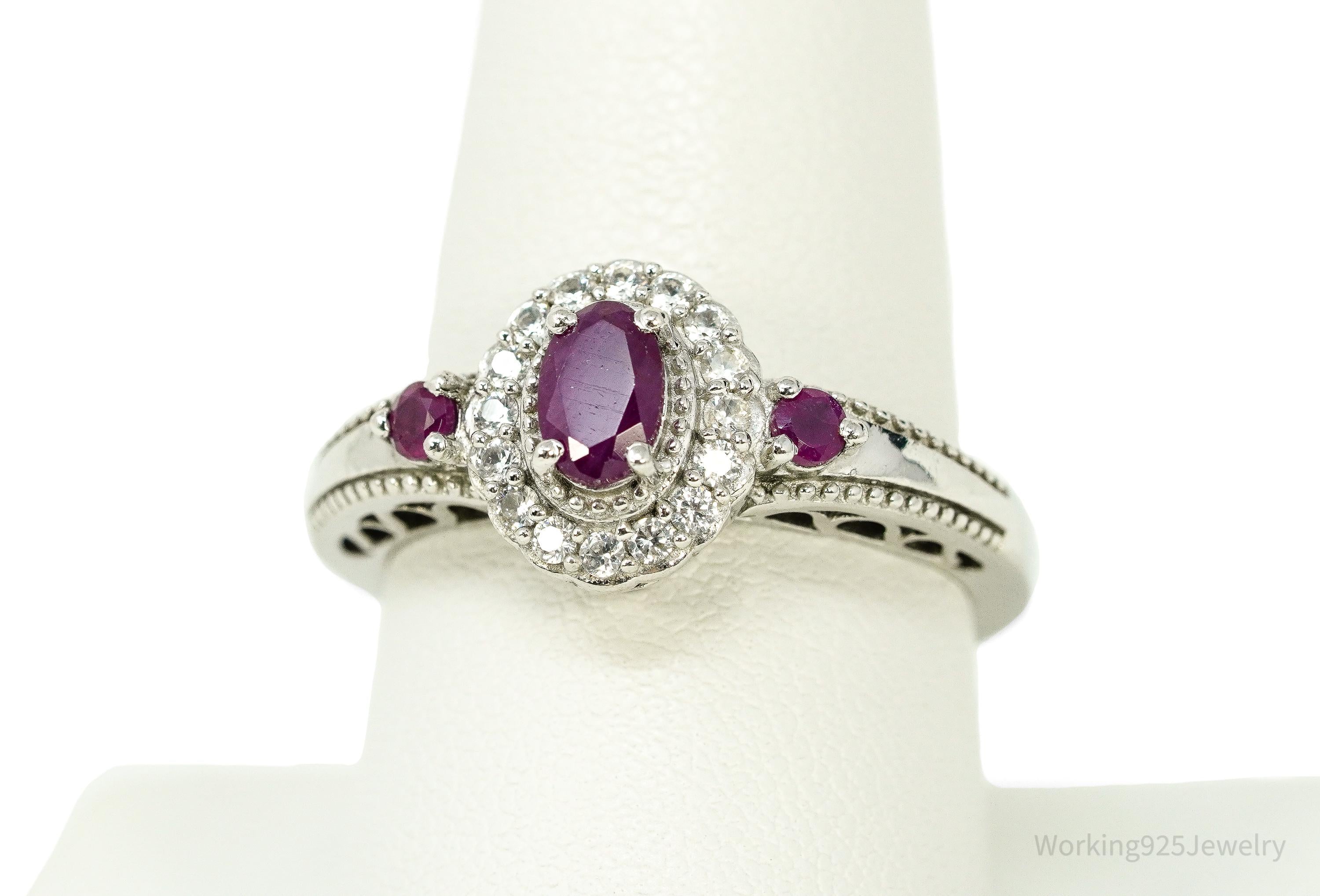 Ruby & White Zircon Sterling Silver Ring - Size 8.75