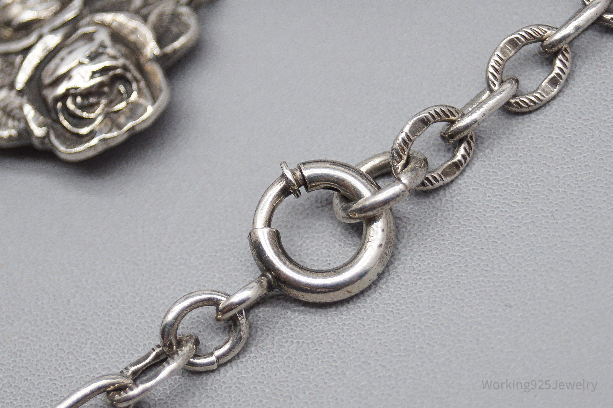 Antique Rosary Roses Mary & Saints Sterling Silver Bracelet - 7 7/8"