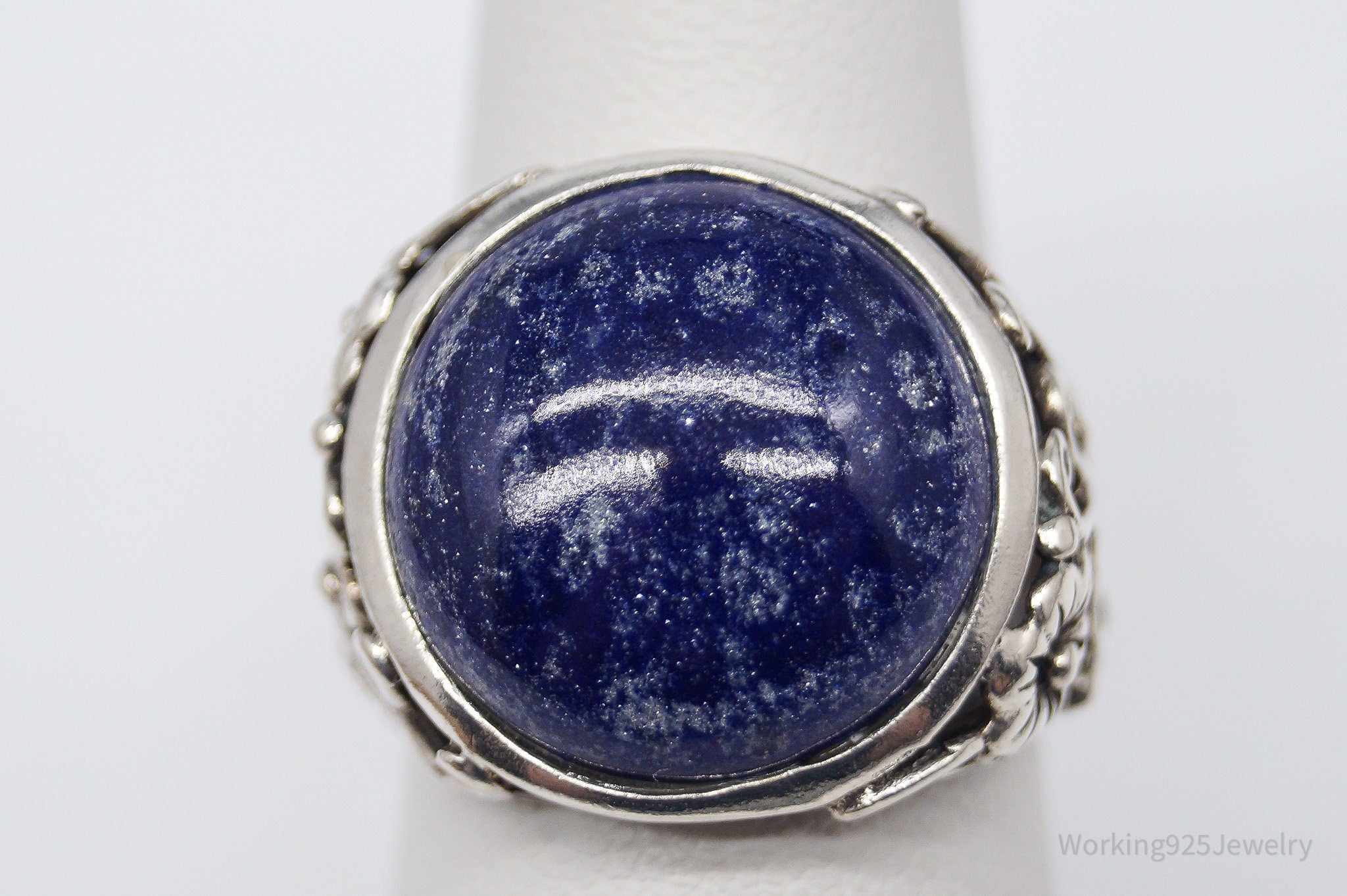 Vintage Blue Glass Stone Floral Designs Sterling Silver Ring - Size 6.5
