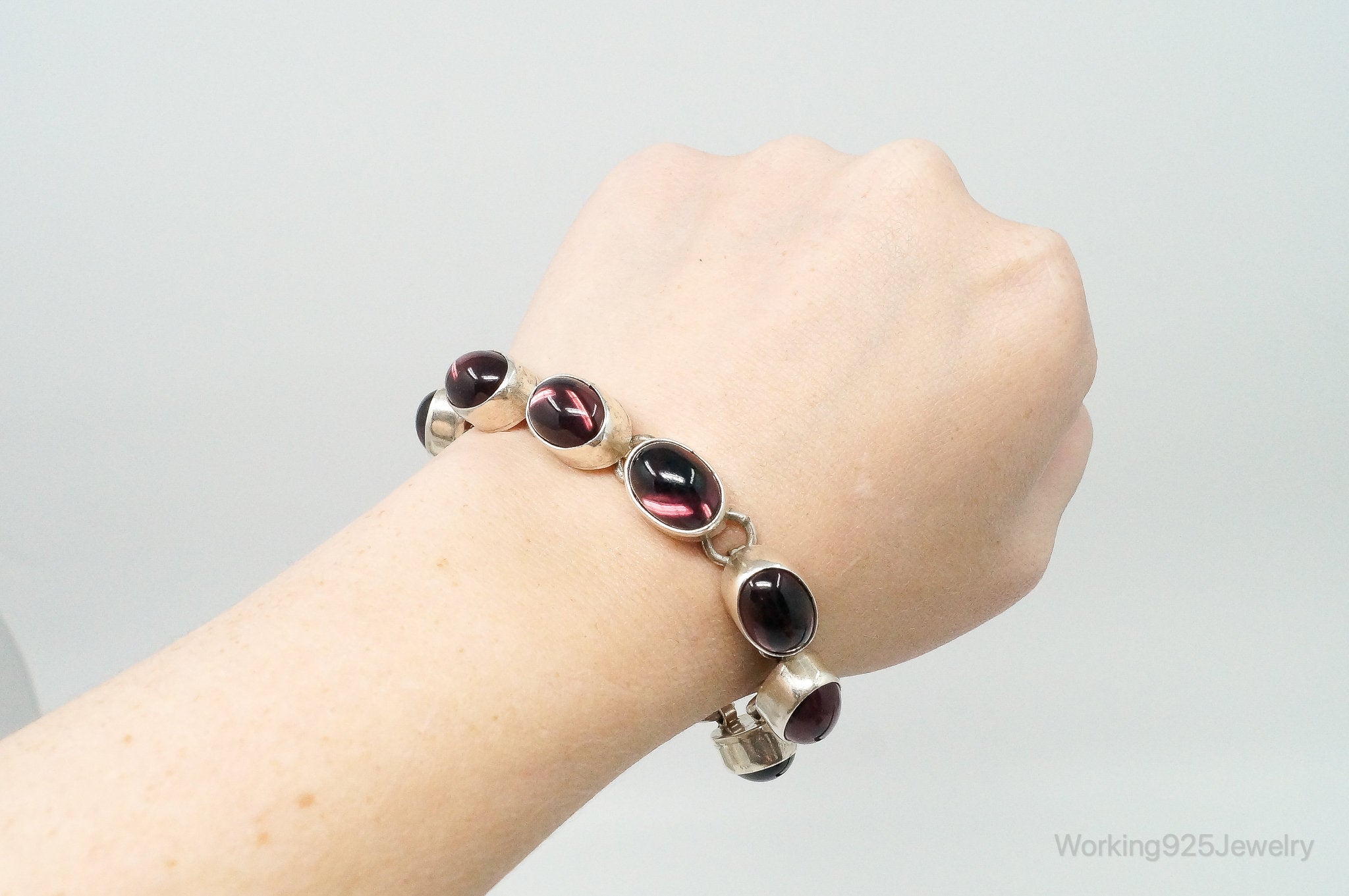 Vintage Mexico Modernist Rhodolite Garnet Sterling Silver Bracelet