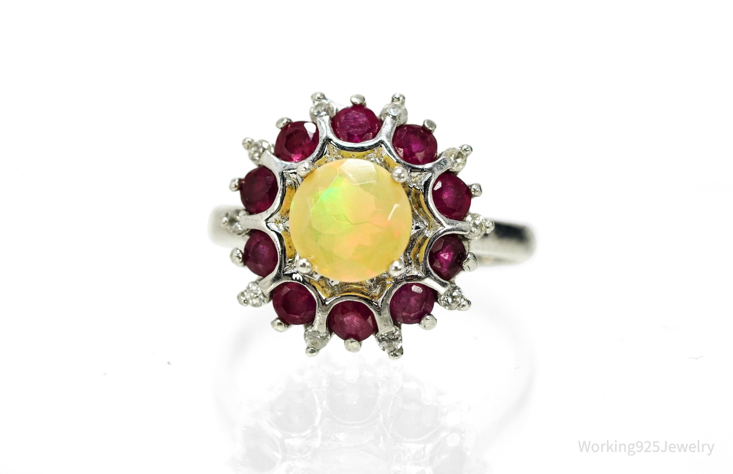 Vintage Ethiopian Opal & Ruby Sterling Silver Ring - Size 7