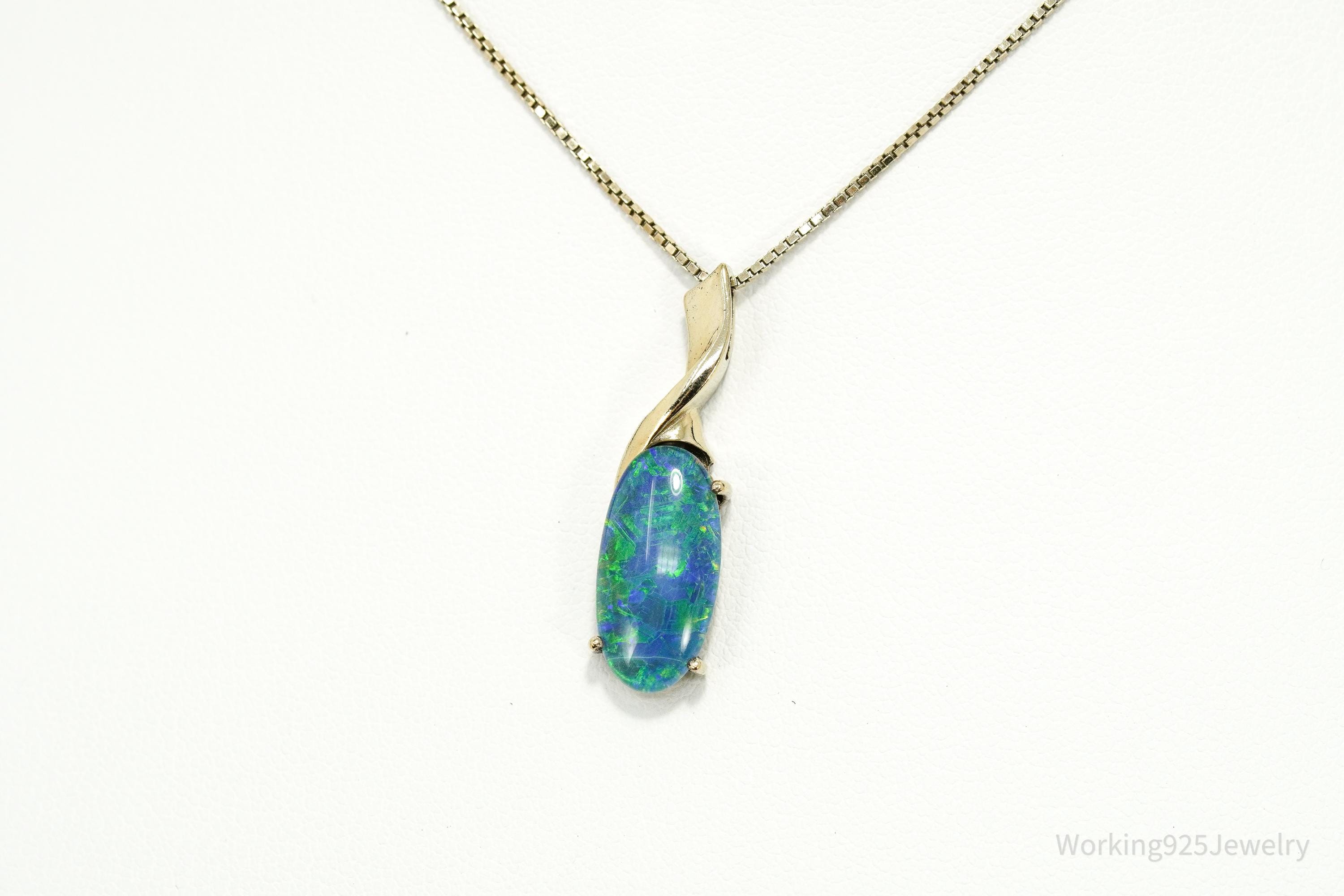 Vintage Blue Opal Triplet Gold Vermeil Sterling Silver Necklace 18"