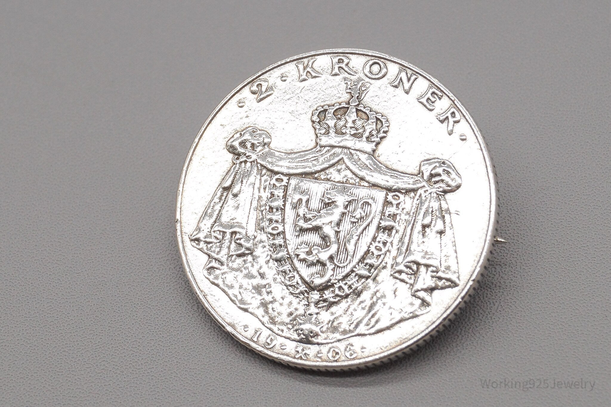Antique Norway 1906 Silver 2 Kroner Silver Coin Brooch Pin
