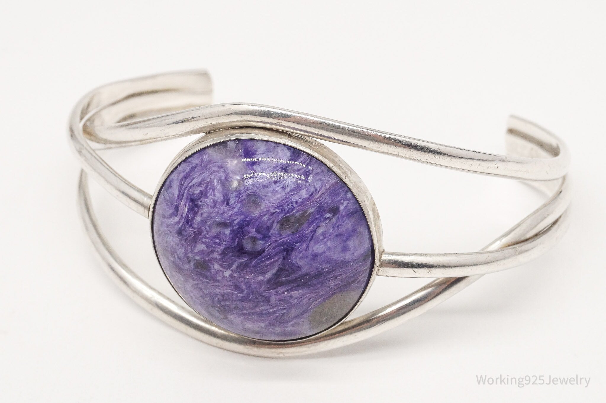 Vintage Large Charoite Modernist Style Sterling Silver Cuff Bracelet