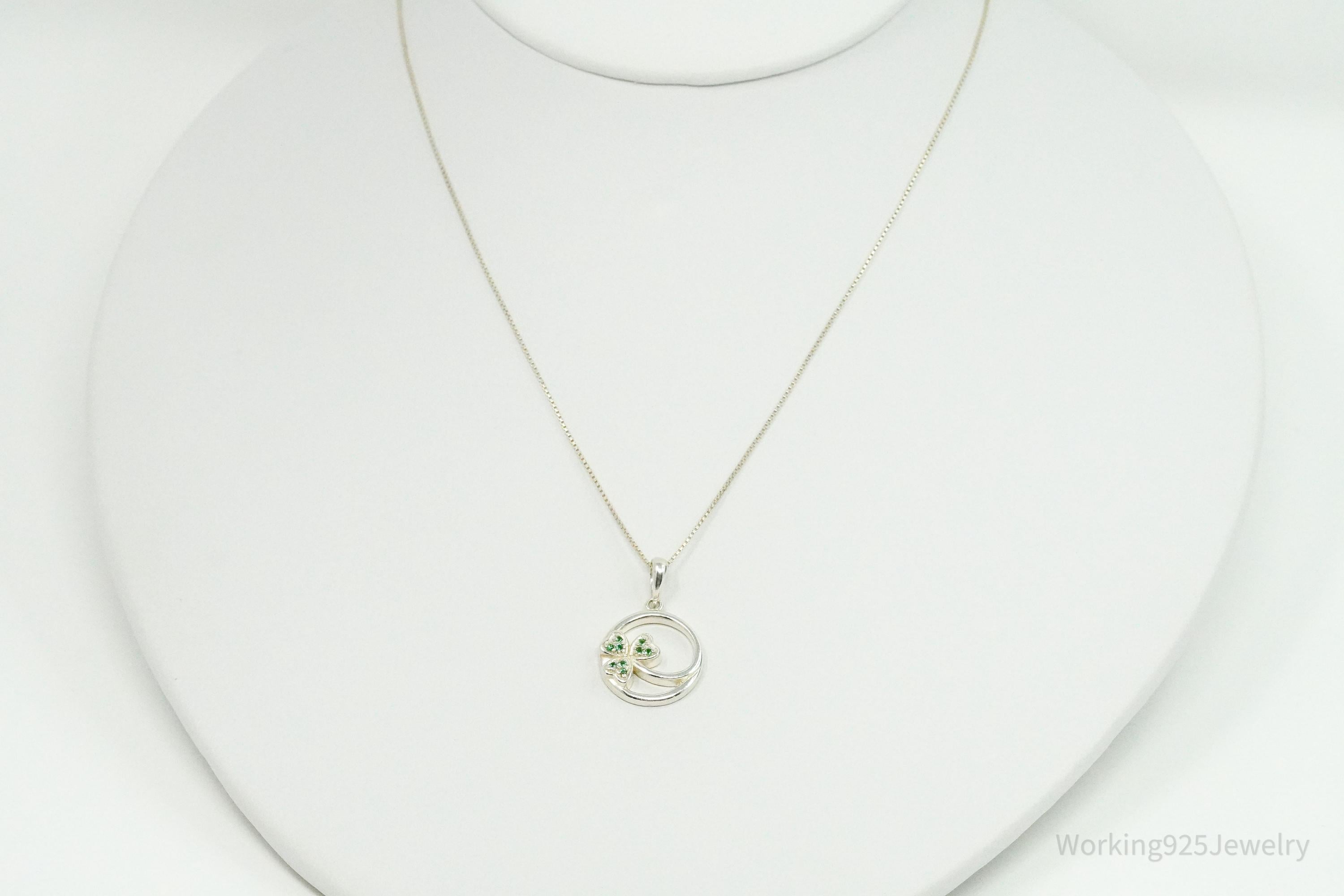 Vintage SOLVAR Three Leaf Clover Green Stone Sterling Silver Necklace - 16"