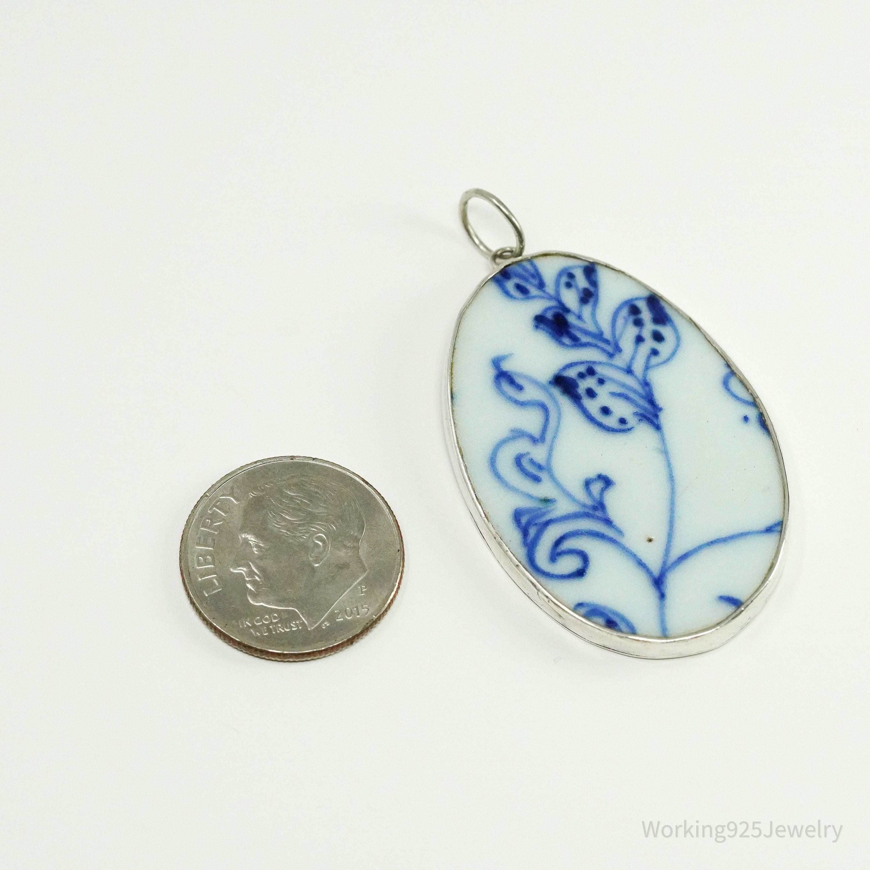 Vintage White Blue Ming Porcelain Sterling Silver Pendant