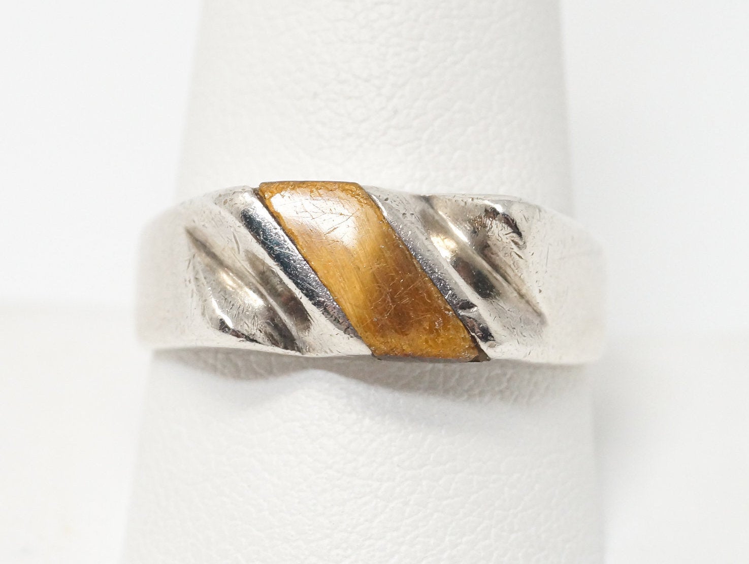 Vintage Taxco Mexico Artisan Tigers Eye Modern Sterling Silver Ring - Sz 10.75