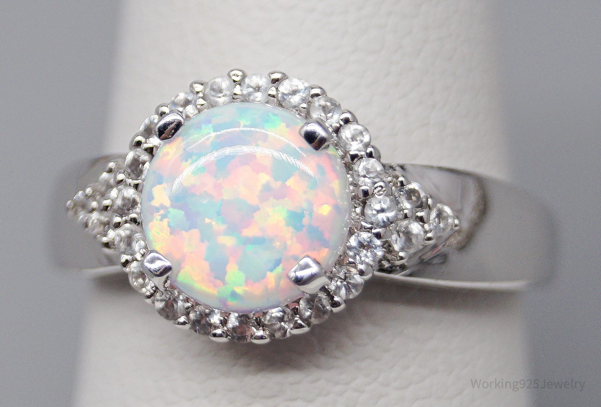 Vintage White Opal Cubic Zirconia Sterling Silver Ring - Size 7