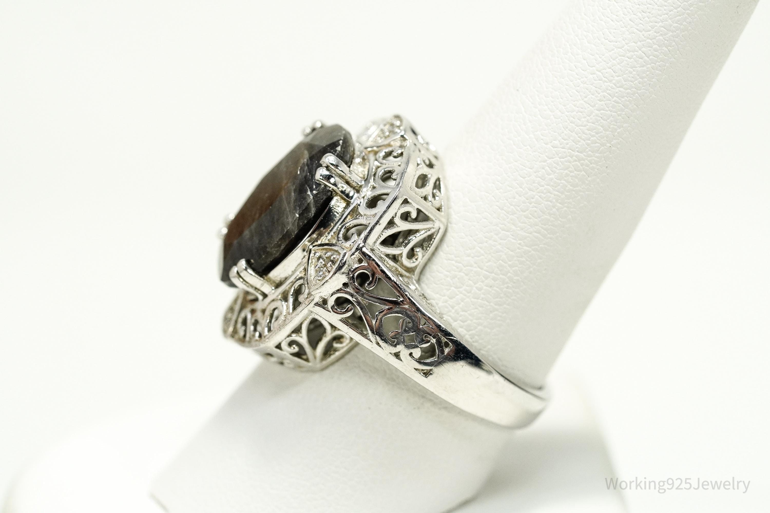 Vintage Grey Brown Stone & White Topaz Sterling Silver Ring - Size 9