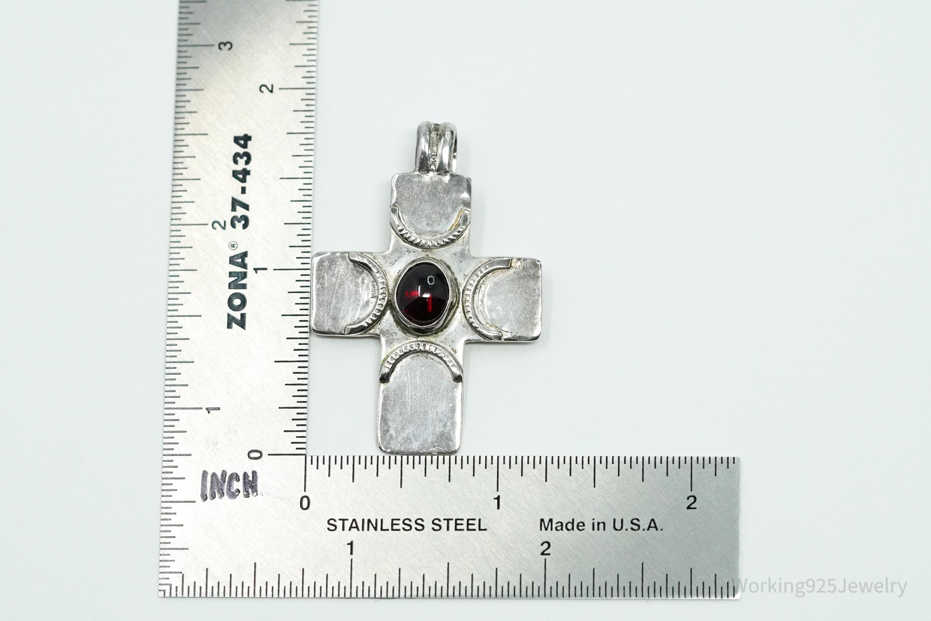 Large Vintage Rhodolite Garnet Silver Cross Pendant