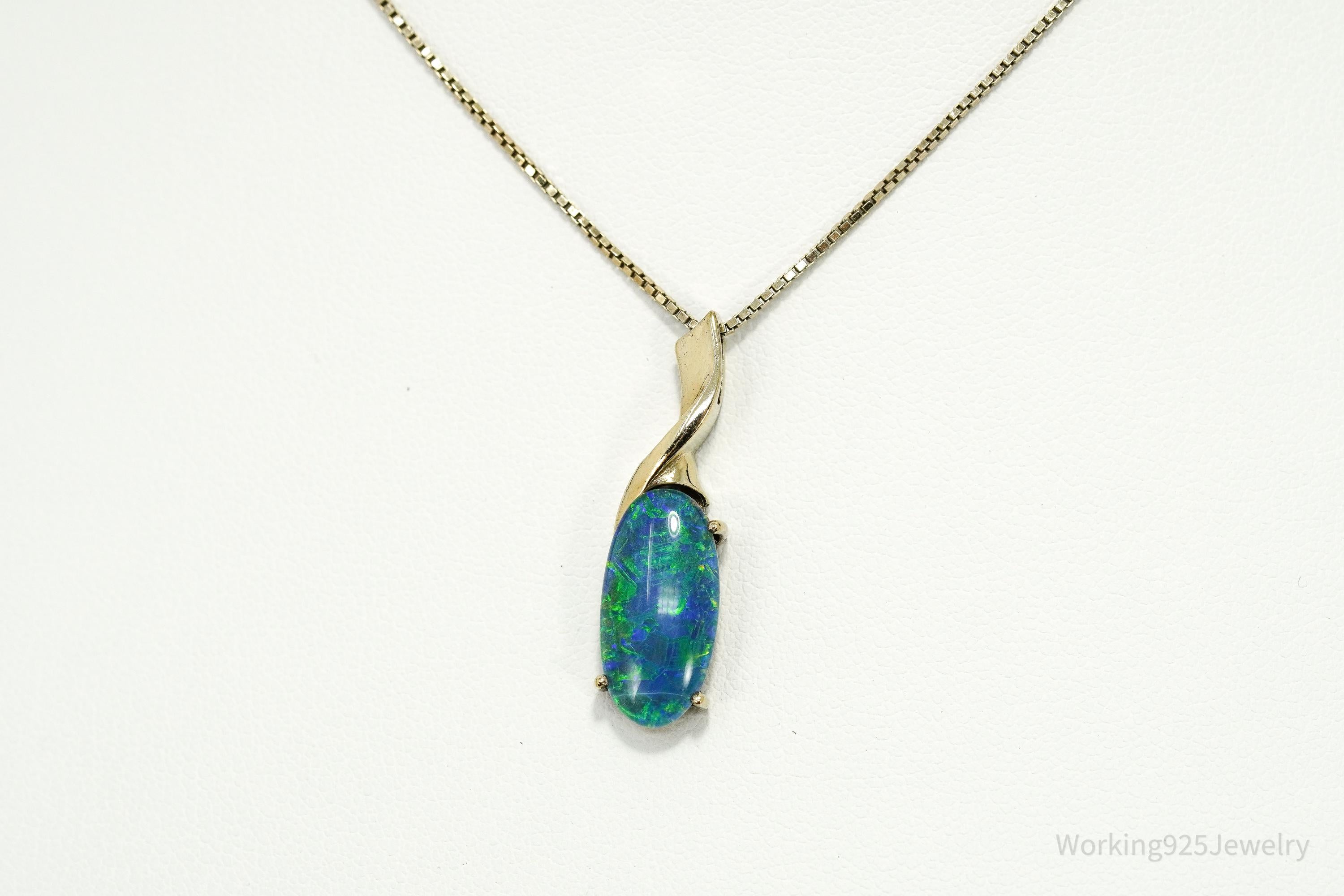 Vintage Blue Opal Triplet Gold Vermeil Sterling Silver Necklace 18"