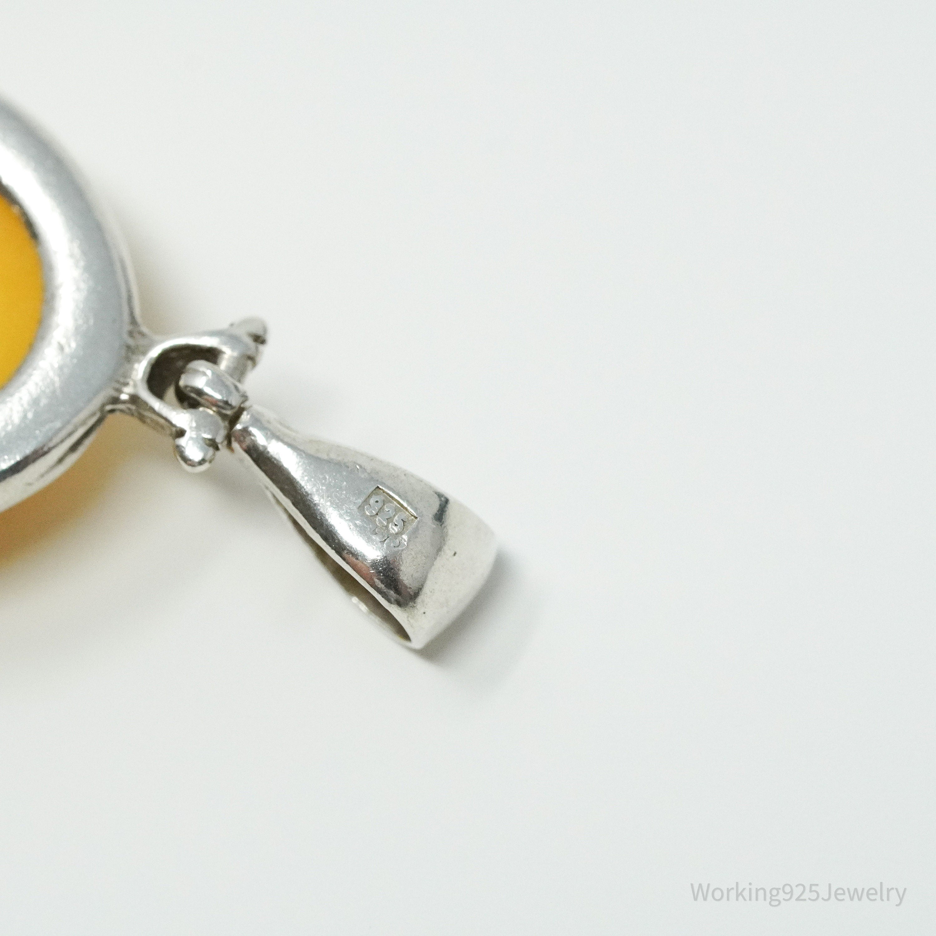 Vintage Yellow Amber Modernist Sterling Silver Necklace Pendant