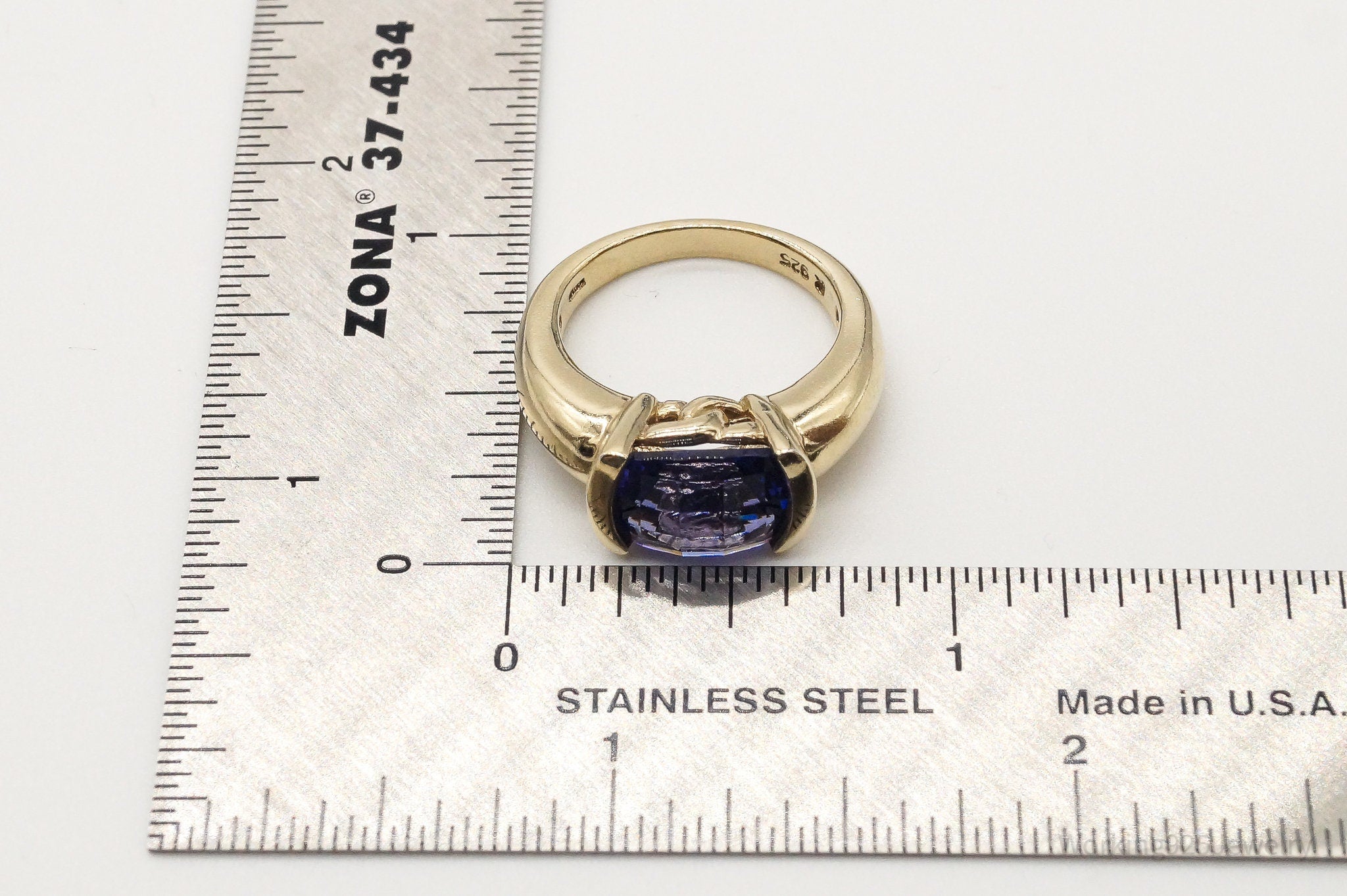 Vintage Large Blue Cubic Zirconia Gold Vermeil Sterling Silver Ring - Size 6