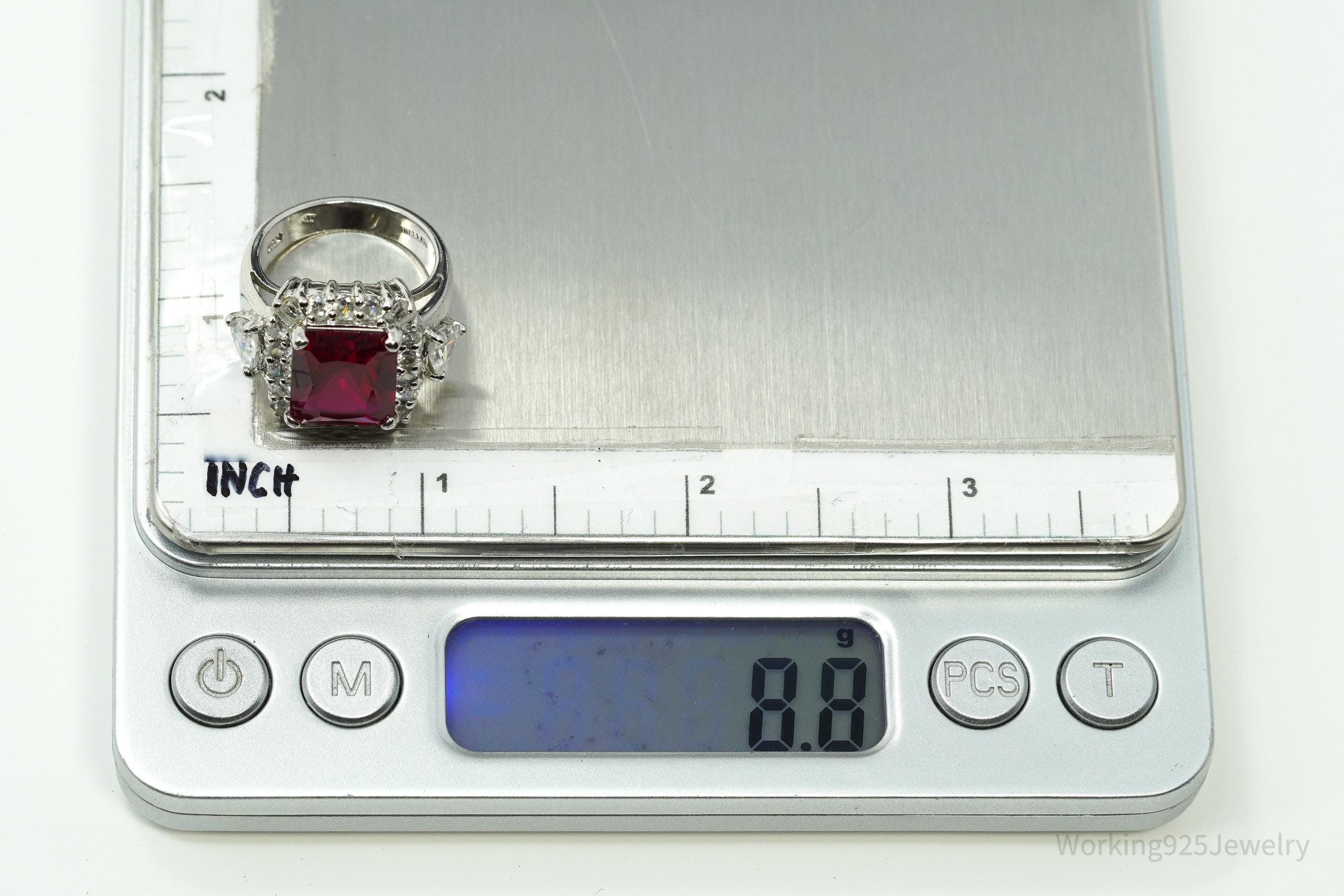 Vintage Lab Ruby & Cubic Zirconia Sterling Silver Ring - Size 6